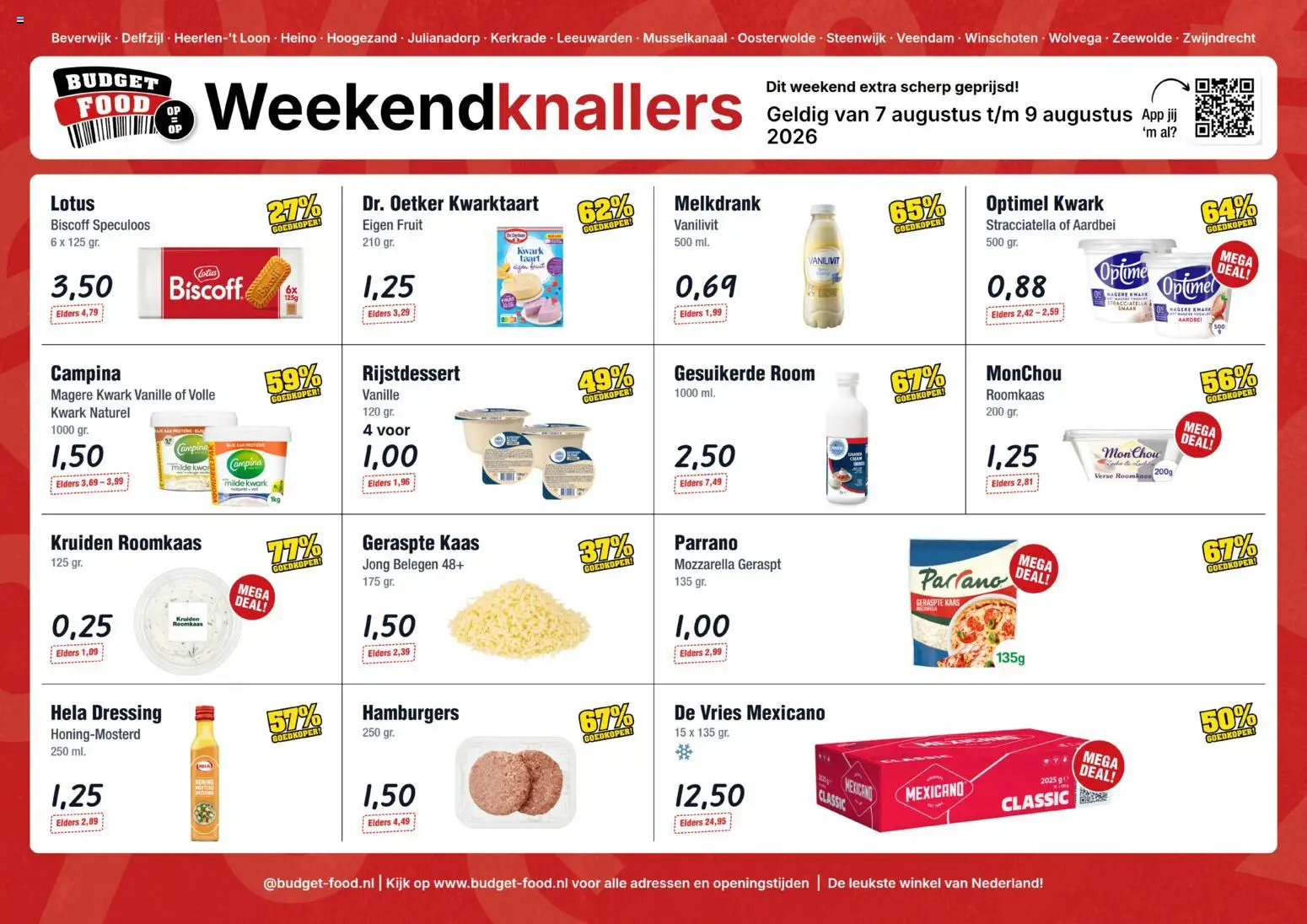 Voorbeeld van Budget Food folder - Weekendfolder van winkel Budget Food geldig vanaf 07-08-2026 - Taart, Lotus, Aardbei, Fruit, Mozzarella, Honing, Geraspte kaas, Dressing