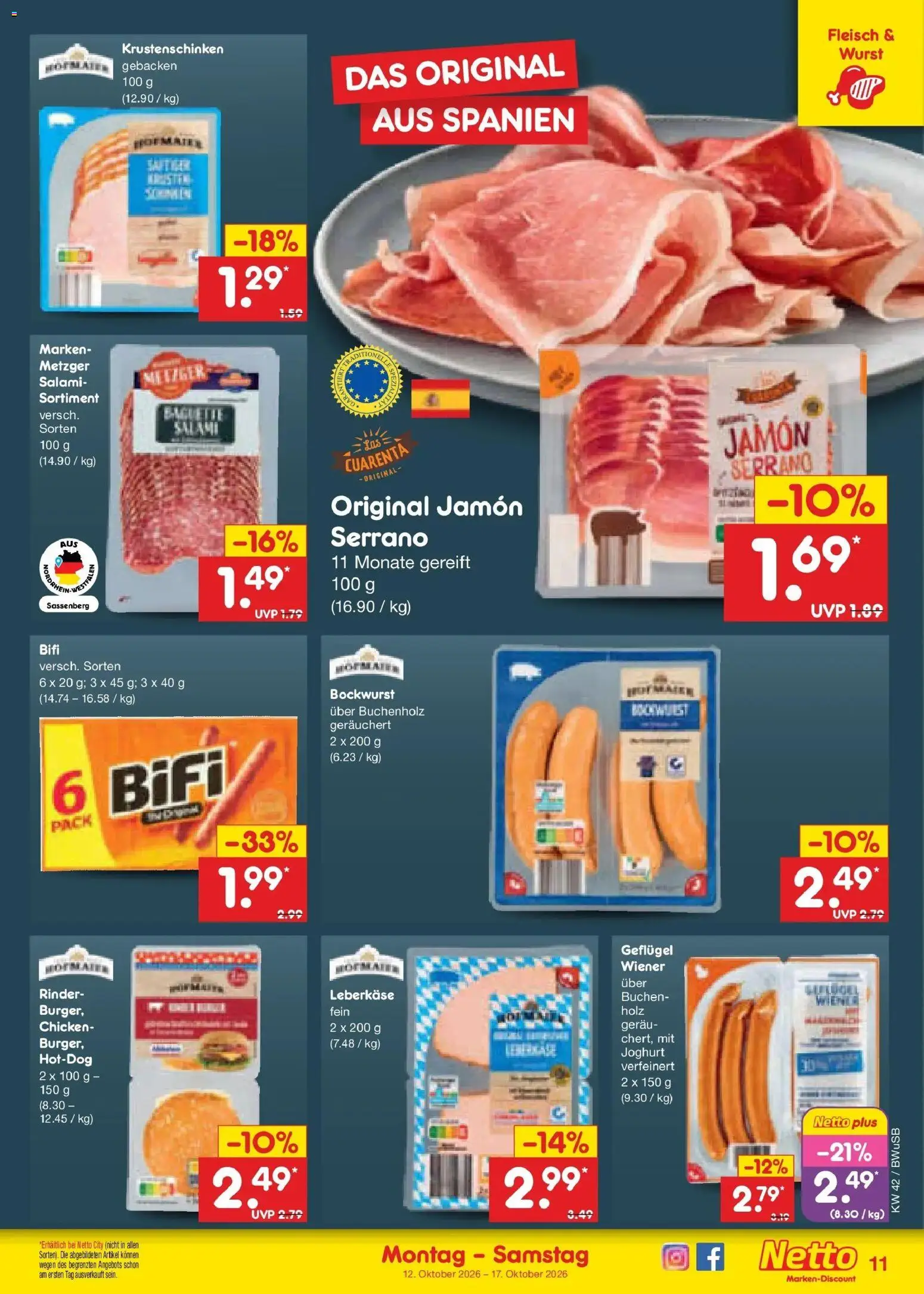 Vorschau von dem Prospekt des Geschäftes Netto Marken-Discount, gültig ab dem 12.10.2026 - Burger, Wurst, Joghurt, Baguette, Fleisch, Salami, Bockwurst, Leberkase