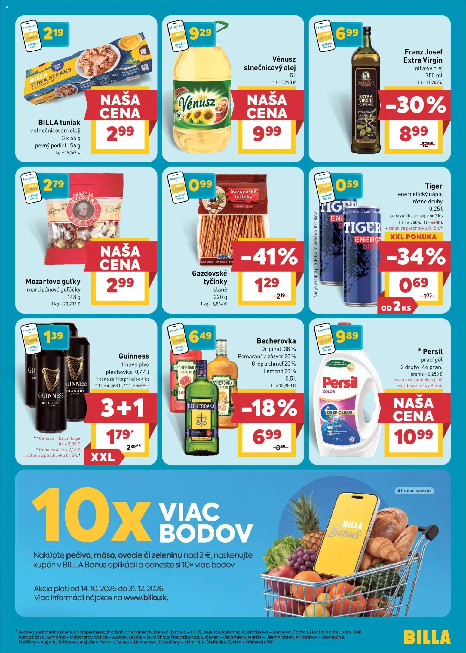 Náhľad Billa letáku platného od 21.10.2026 - Pivo, Olej, Becherovka, Olivový olej, Persil, Zázvor, Energetický nápoj, Prací gél