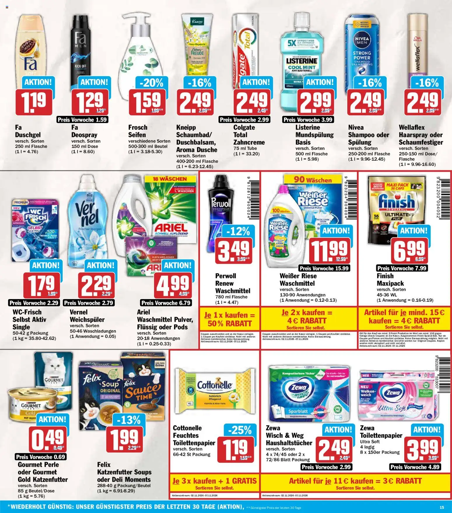 Vorschau von dem Prospekt des Geschäftes AEZ, gültig ab dem 02.11.2026 - Toilettenpapier, Dusche, Ariel, Duschgel, Listerine, Finish, Zewa, Vernel