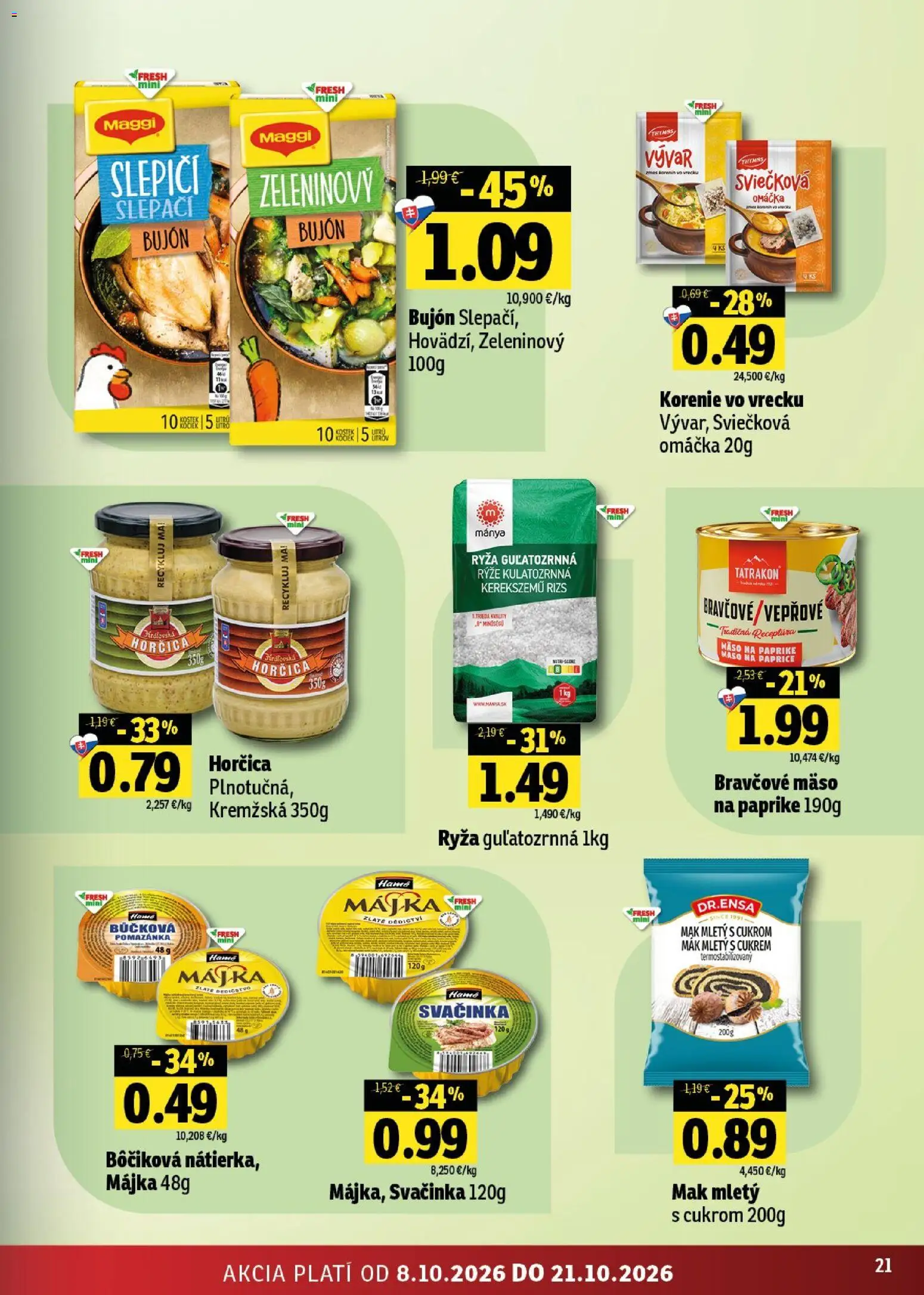 Náhľad Fresh letáku platného od 08.10.2026 - Mäso, Mak, Ryža, Korenie, Horčica, Bravčové mäso, Omáčka, Bujón