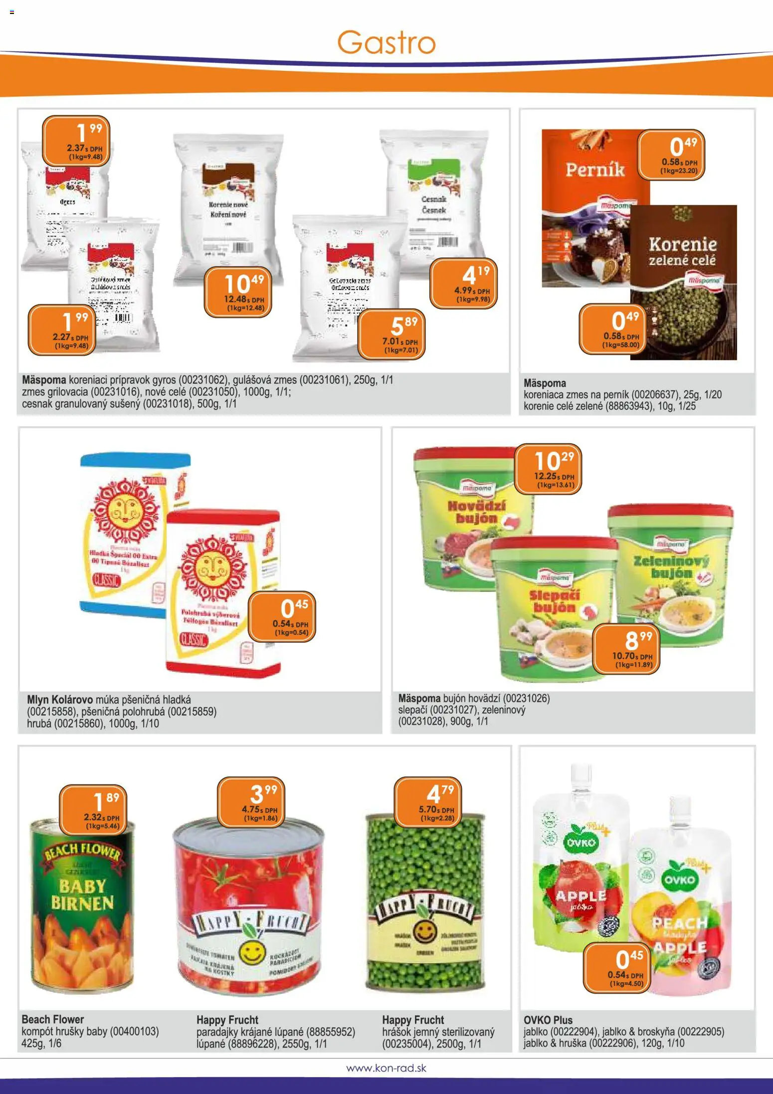 Náhľad KON - RAD letáku platného od 01.10.2026 - Gyros, Paradajky, Cesnak, Korenie, Múka, Hrušky, Hrášok, Bujón