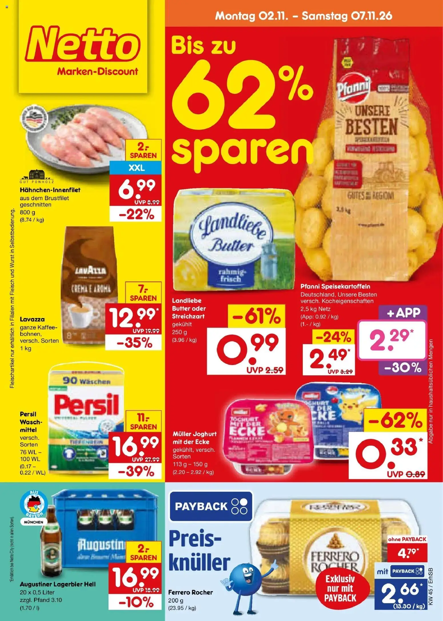 Vorschau von dem Prospekt des Geschäftes Netto Marken-Discount, gültig ab dem 02.11.2026 - Kaffee, Butter, Wurst, Joghurt, Fleisch, Lavazza, Ferrero rocher, Persil