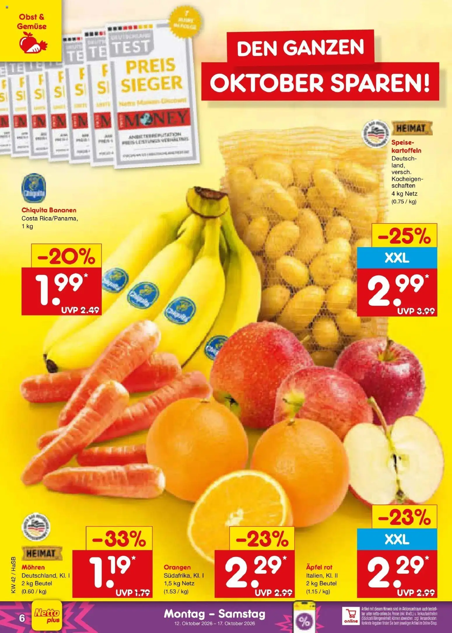 Vorschau von dem Prospekt des Geschäftes Netto Marken-Discount, gültig ab dem 12.10.2026 - Äpfel, Gemüse, Bananen, Obst, Kartoffeln, Orangen, Mohren