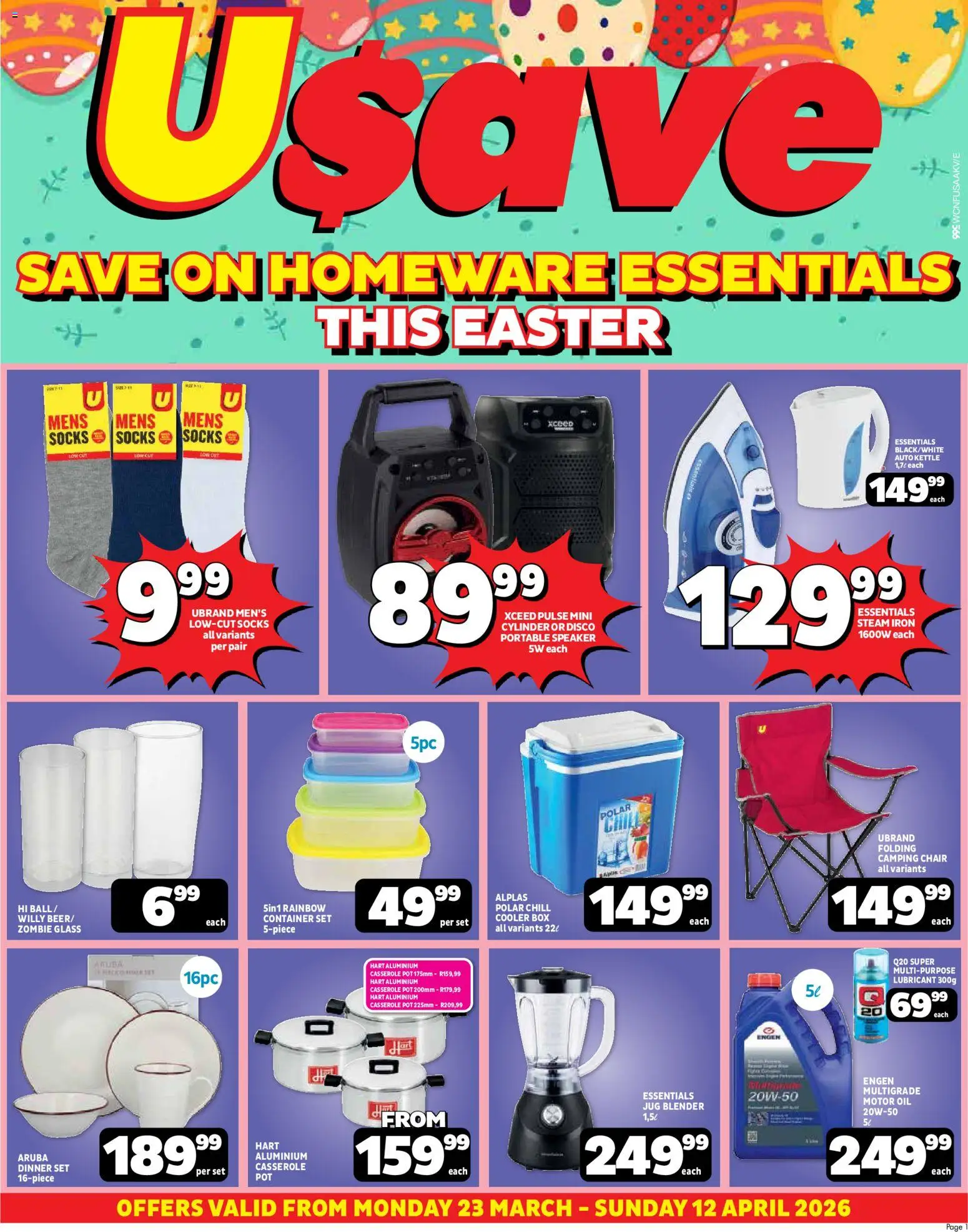 Preview of Usave flyer valid from 23/03/2026 - Blender, Kettle, Iron, Speaker, Chair, Box, Socks, Cooler