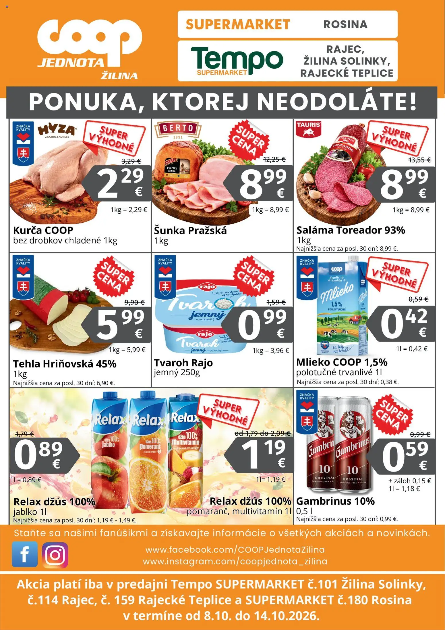 Náhľad COOP Jednota letáku platného od 08.10.2026 - Tvaroh, Mlieko, Šunka, Multivitamín, Džús, Gambrinus, Saláma, Kurča