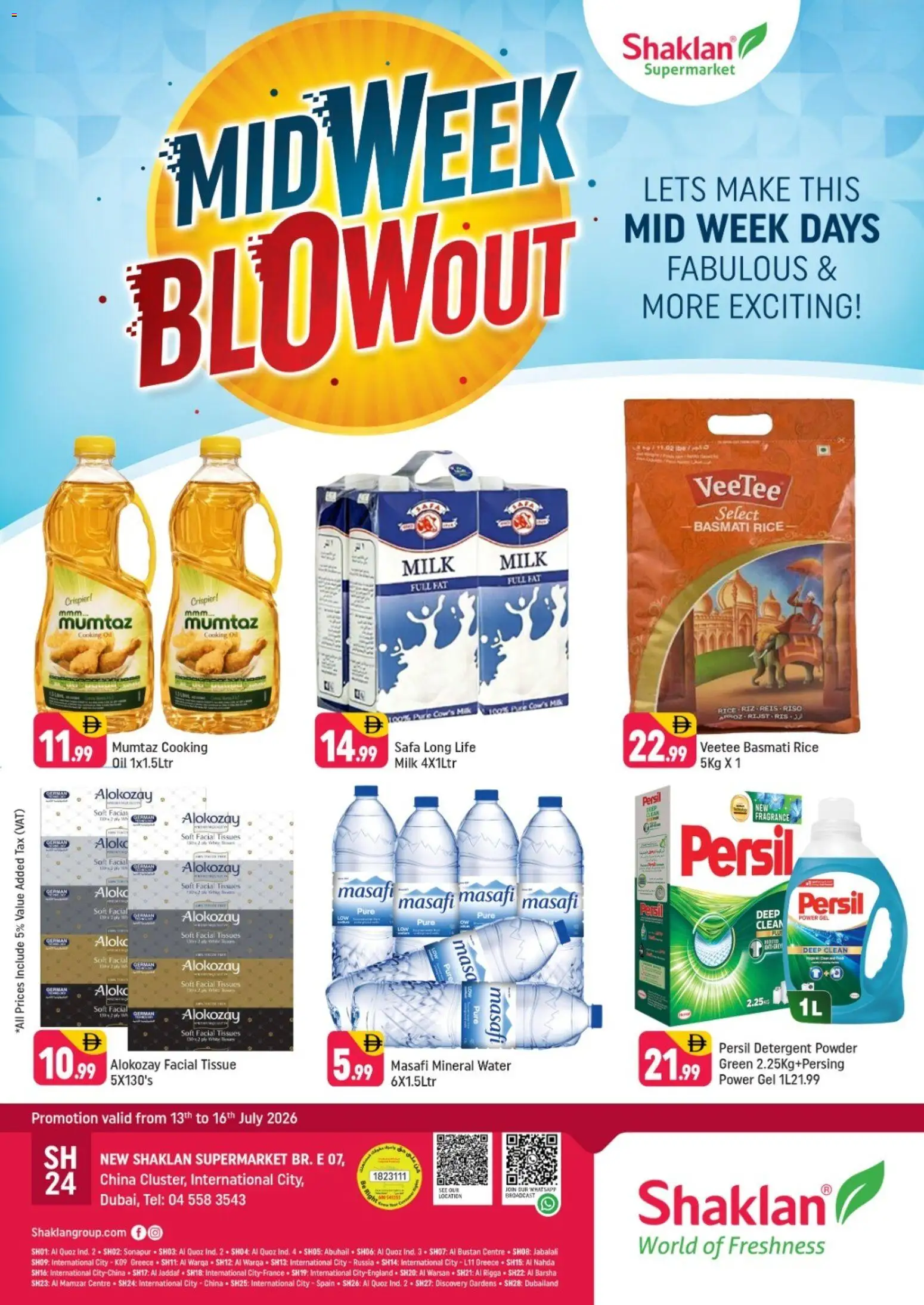 Preview of the catalogue Shaklan catalogue midweek blowout of store Shaklan valid from 13 Jul, 2026 - Water, Milk, Oil, Rice, Tissues, Fragrance, Detergent, Powder