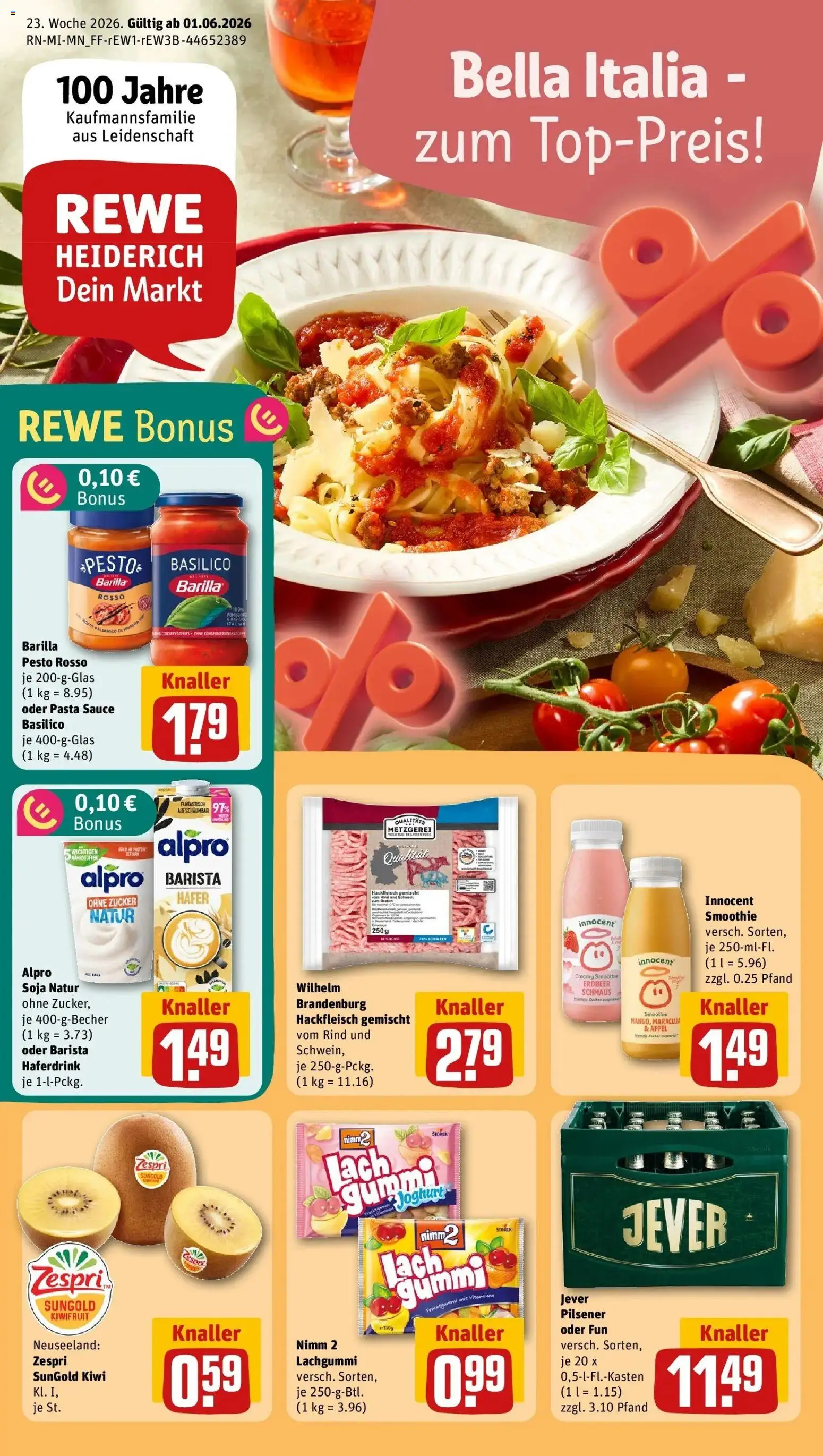 Vorschau von dem Prospekt des Geschäftes Rewe, gültig ab dem 01.06.2026 - Pasta, Äpfel, Kiwi, Jever, Hackfleisch, Zucker, Barilla, Alpro