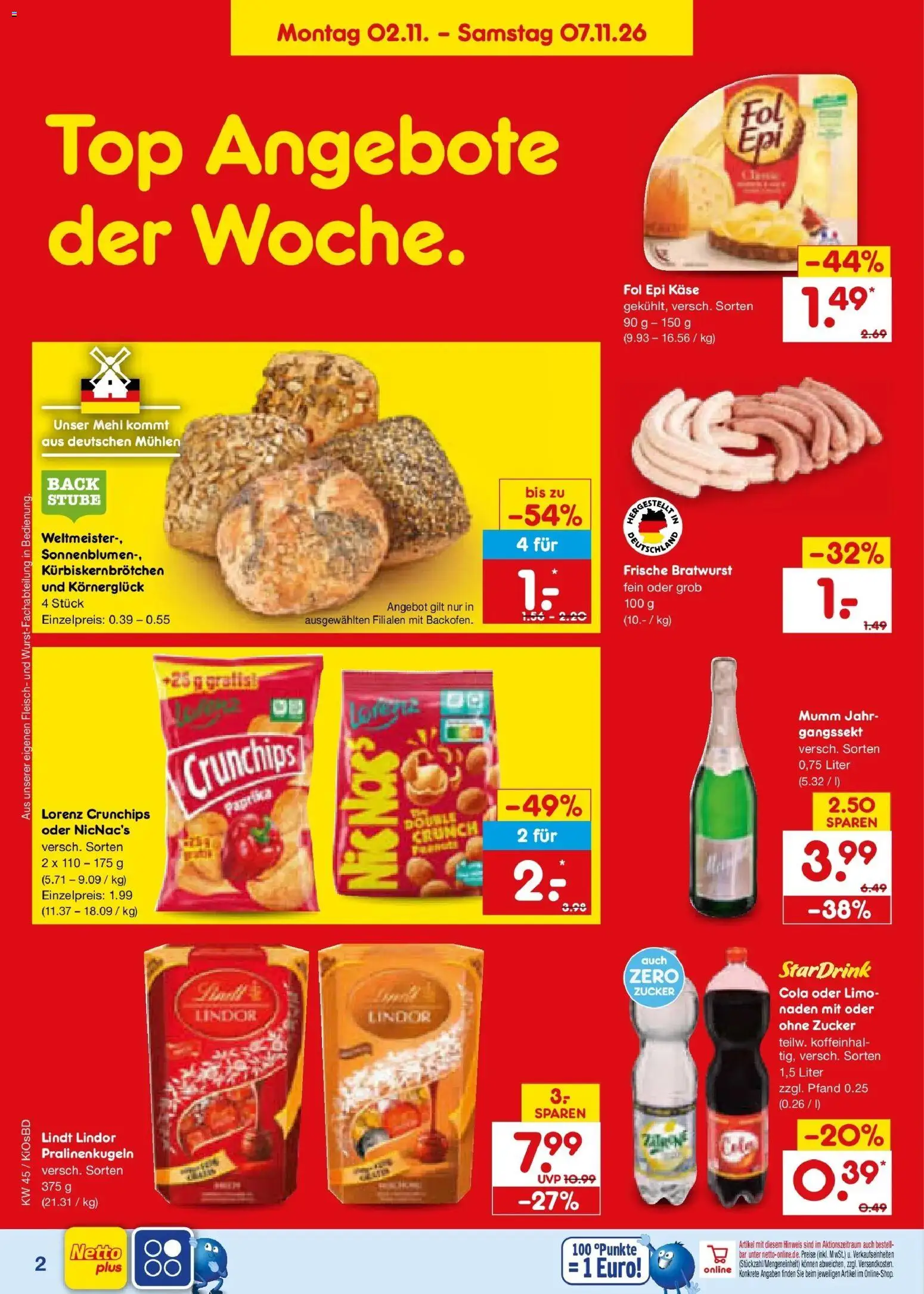 Vorschau von dem Prospekt des Geschäftes Netto Marken-Discount, gültig ab dem 02.11.2026 - Käse, Lindt, Bratwurst, Top, Paprika, Zucker, Lindor, Lorenz crunchips