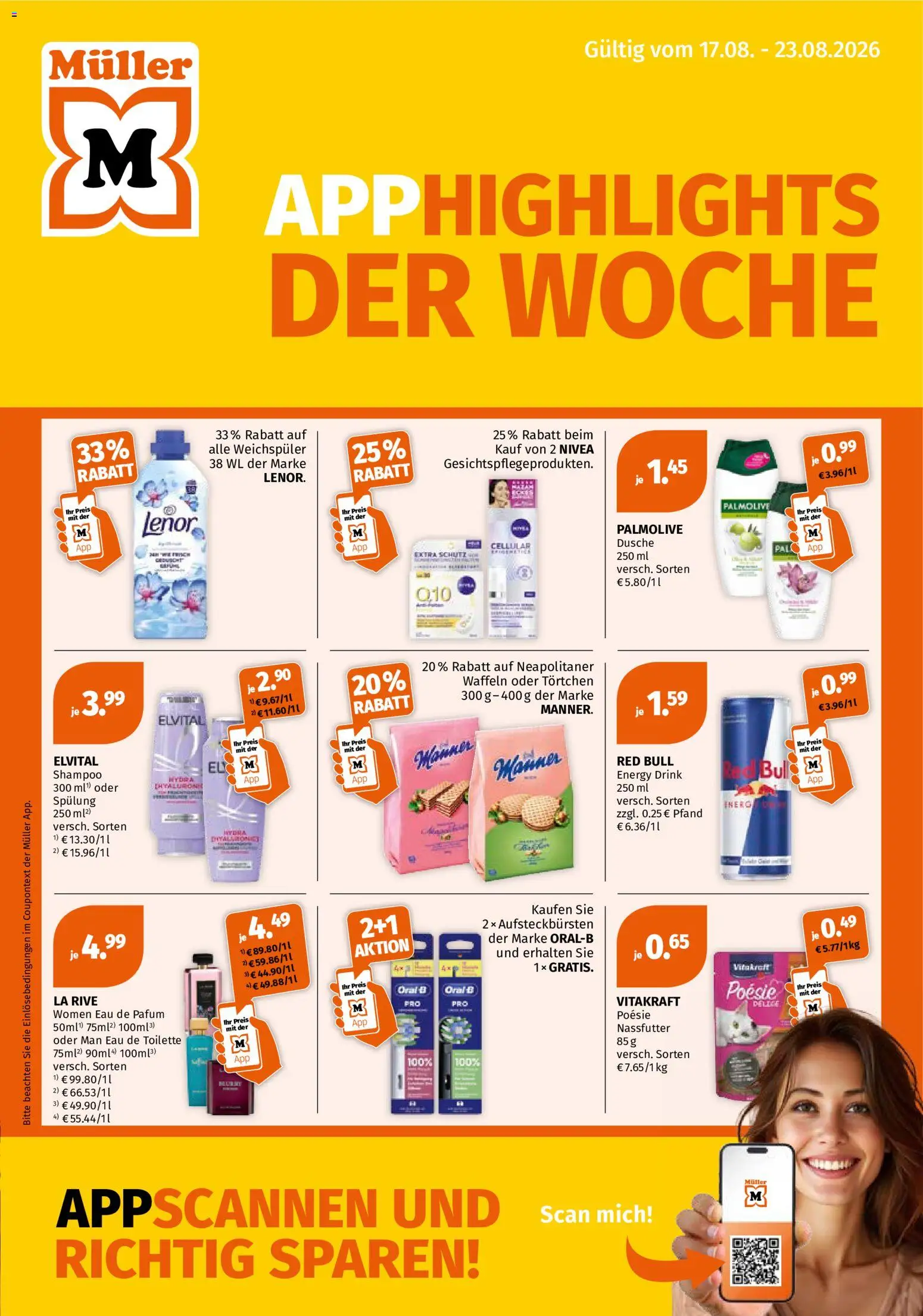 Vorschau von dem Prospekt des Geschäftes Müller, gültig ab dem 17.08.2026 - Toilette, Red bull, Waffeln, Dusche, Shampoo, Energy, Weichspüler, Spülung
