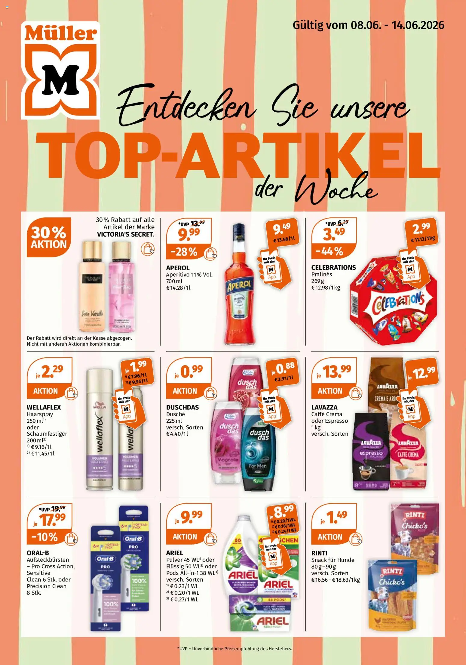 Vorschau von dem Prospekt des Geschäftes Müller, gültig ab dem 08.06.2026 - Aperol, Dusche, Lavazza, Ariel, Celebrations, Haarspray, Shower Gel, Duschdas