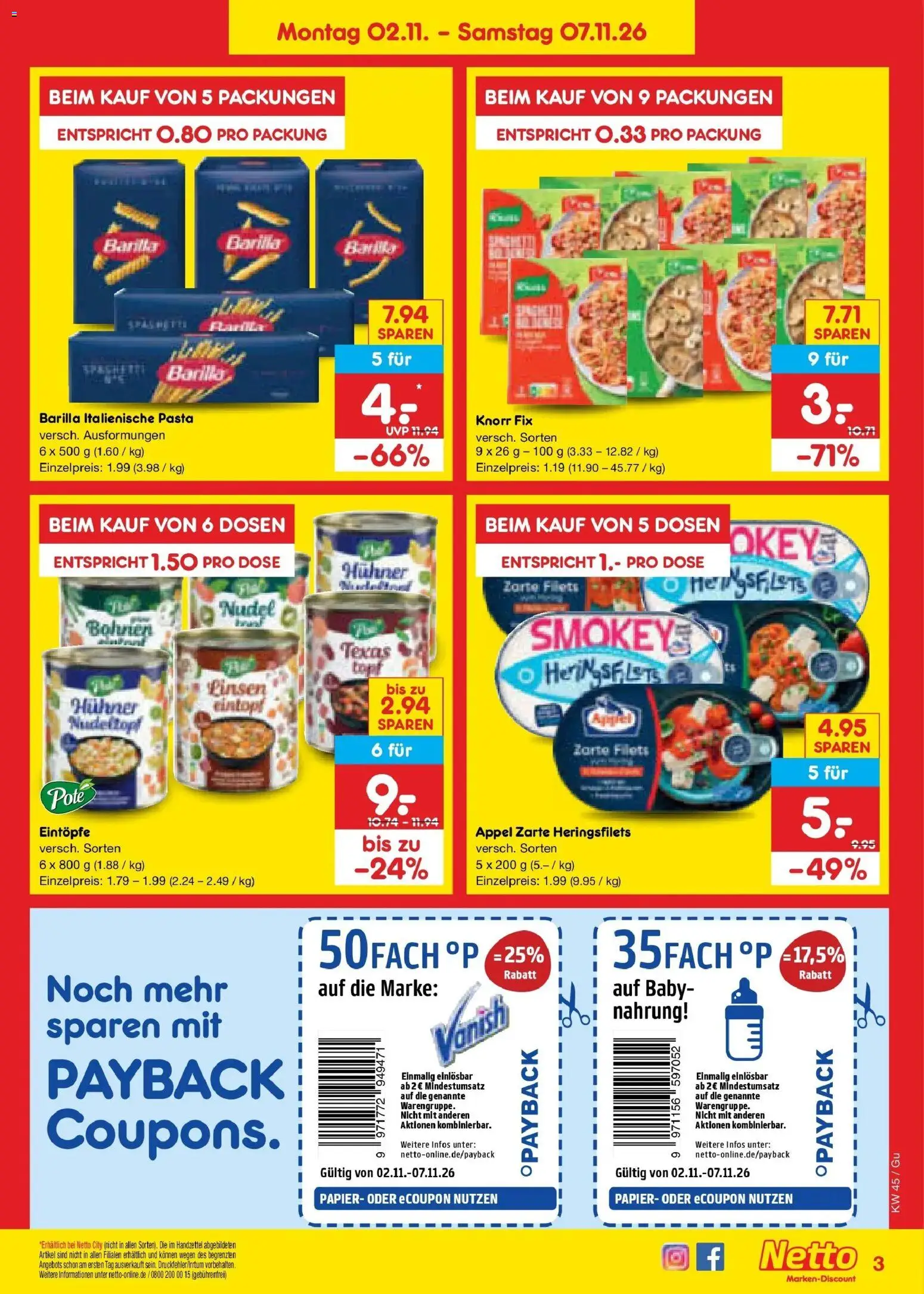 Vorschau von dem Prospekt des Geschäftes Netto Marken-Discount, gültig ab dem 02.11.2026 - Pasta, Barilla, Knorr, Knorr fix