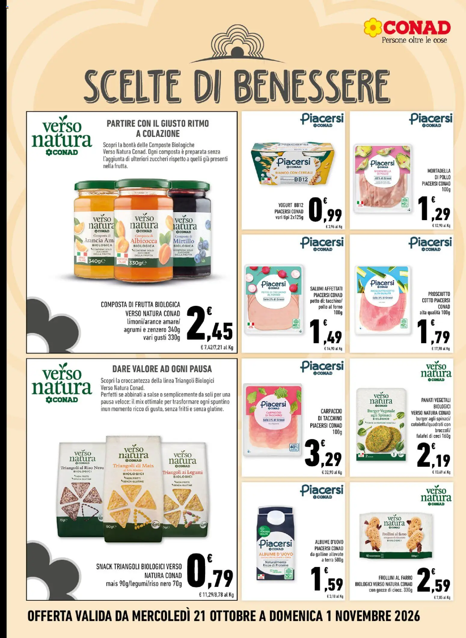 Anteprima dell'opuscolo Conad volantino Margherita Sicilia dal negozio Conad valido da 21/10/2026 - Senza glutine, Carpaccio, Cereali, Legumi, Frollini, Petto di tacchino, Salse, Composta di frutta