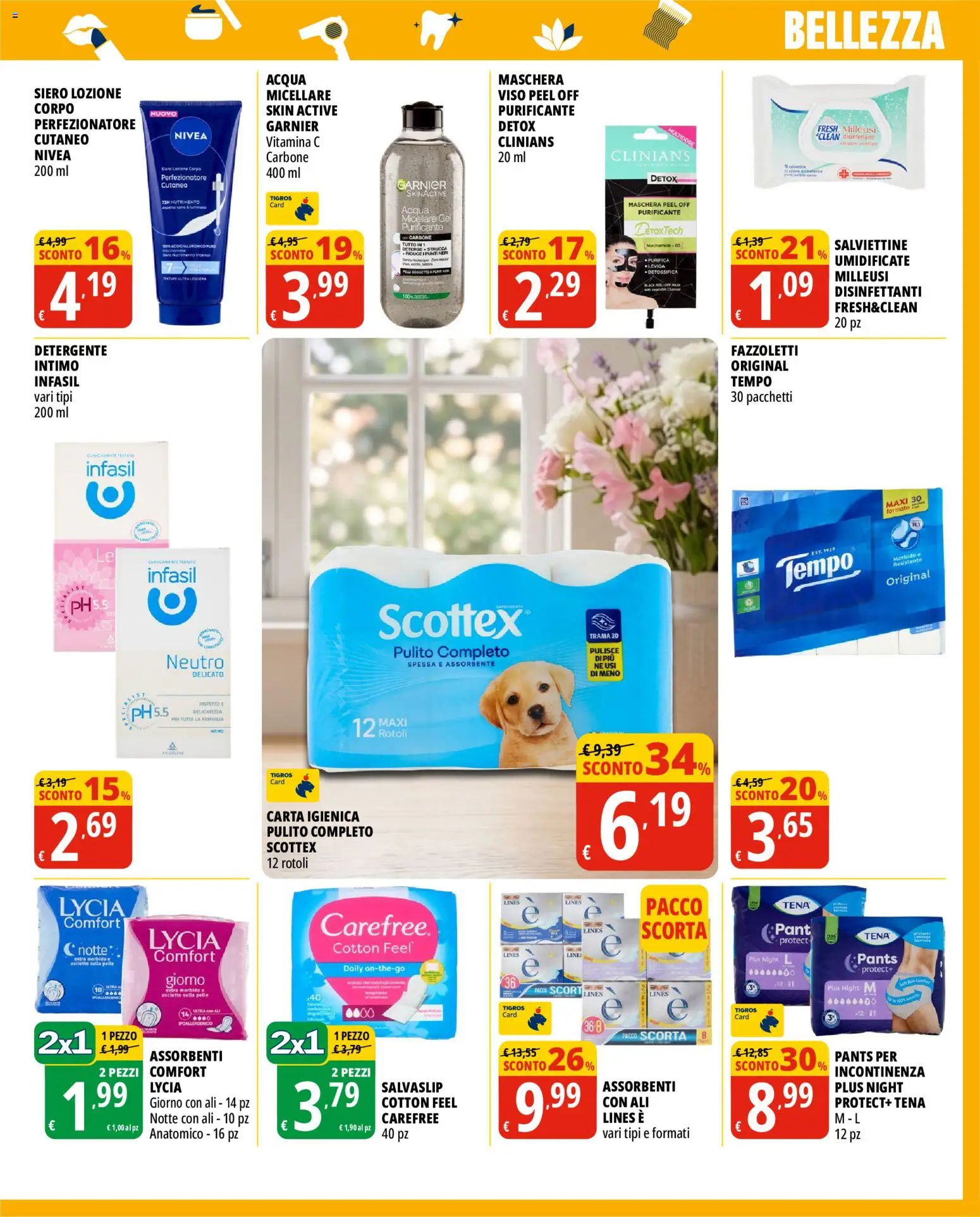 Anteprima dell'opuscolo Tigros volantino Casa e Bellezza dal negozio Tigros valido da 13/10/2026 - Acqua, Carta igienica, Maschera, Carbone, Intimo, Assorbenti, Detergente, Salvaslip