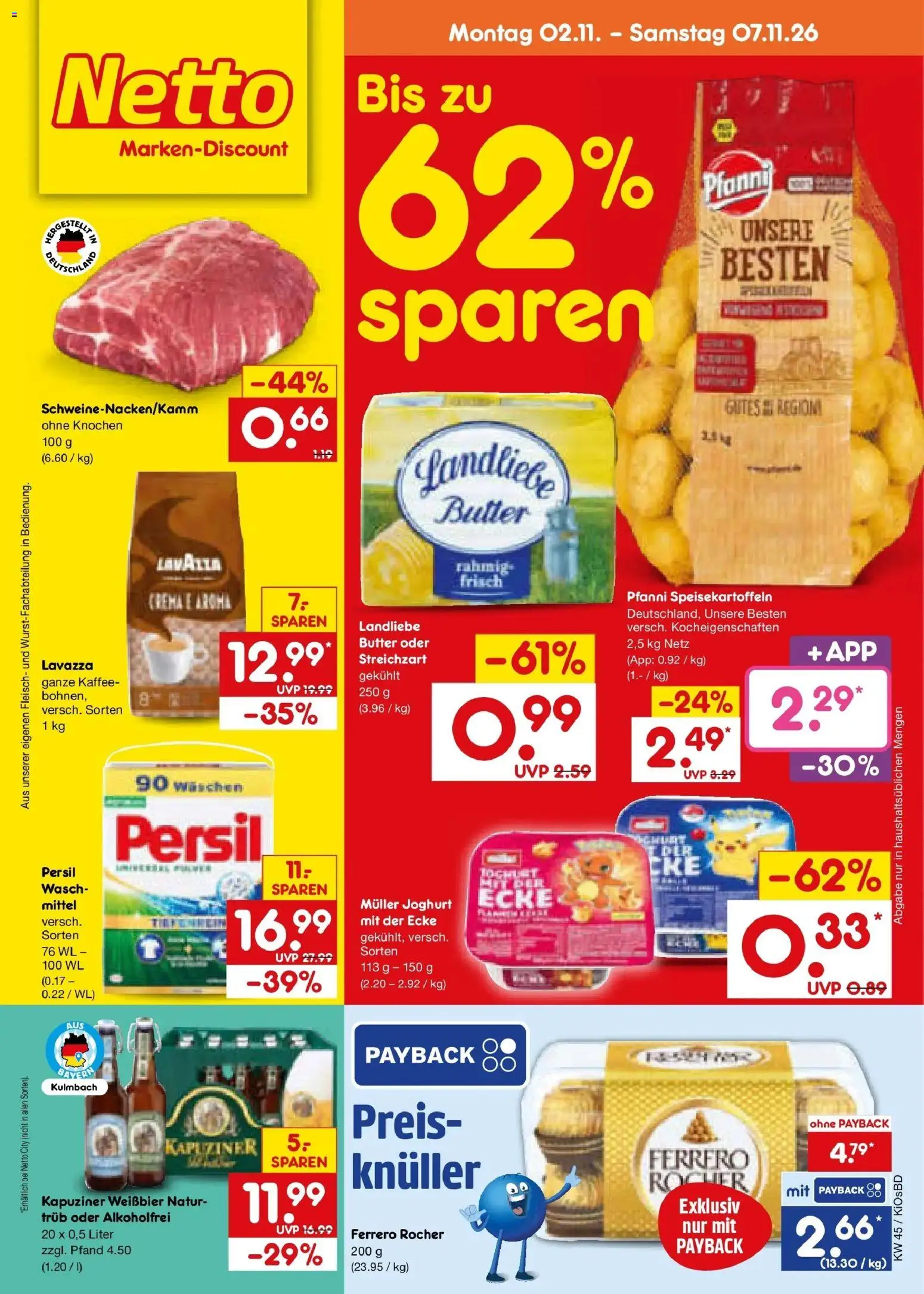 Vorschau von dem Prospekt des Geschäftes Netto Marken-Discount, gültig ab dem 02.11.2026 - Kaffee, Butter, Joghurt, Fleisch, Lavazza, Ferrero rocher, Persil, Weißbier