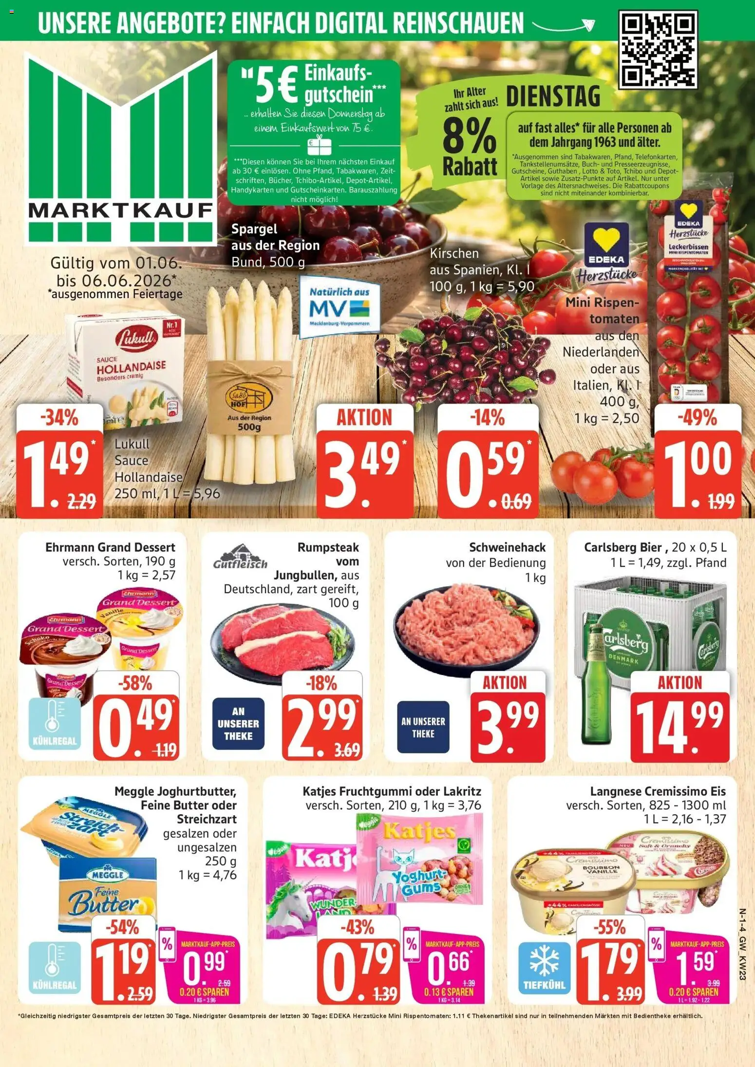 Vorschau von dem Prospekt des Geschäftes Marktkauf, gültig ab dem 01.06.2026 - Eis, Steak, Spargel, Rumpsteak, Katjes, Bourbon, Cremissimo, Ehrmann grand dessert