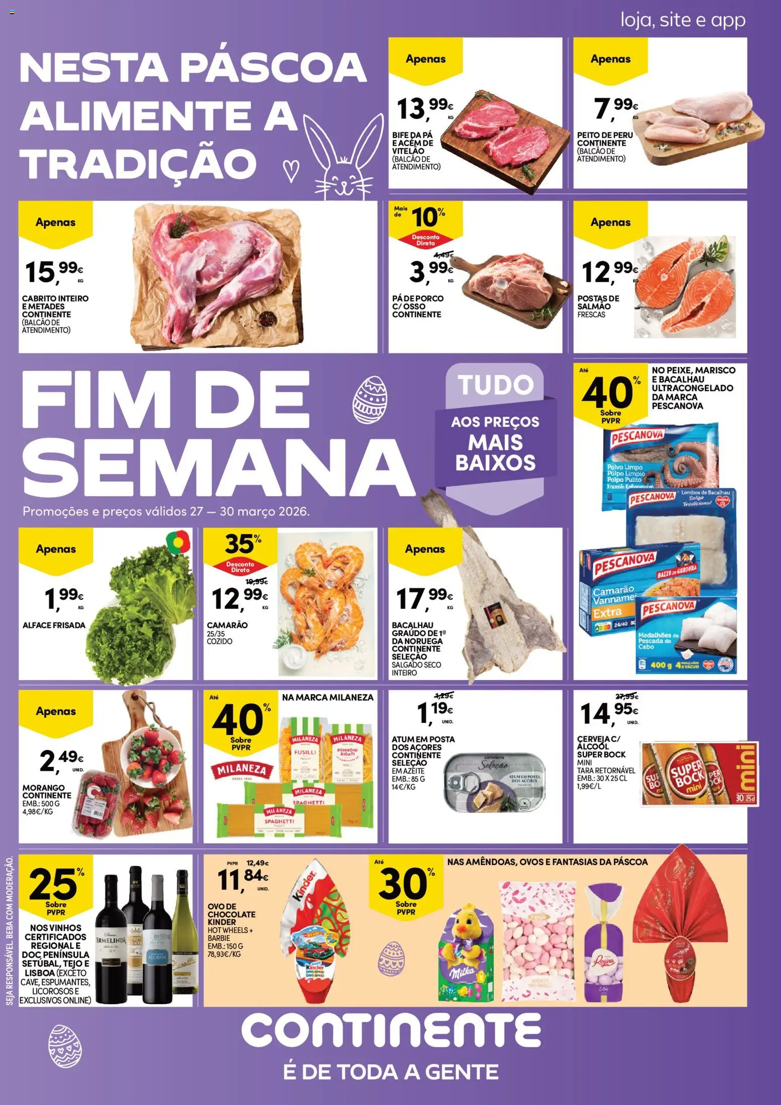 Pré-visualização do folheto da loja Continente válida a partir de 27/03/2026 - Bacalhau, Peru, Cerveja, Super bock, Ovos, Atum, Milaneza, Ovo de chocolate