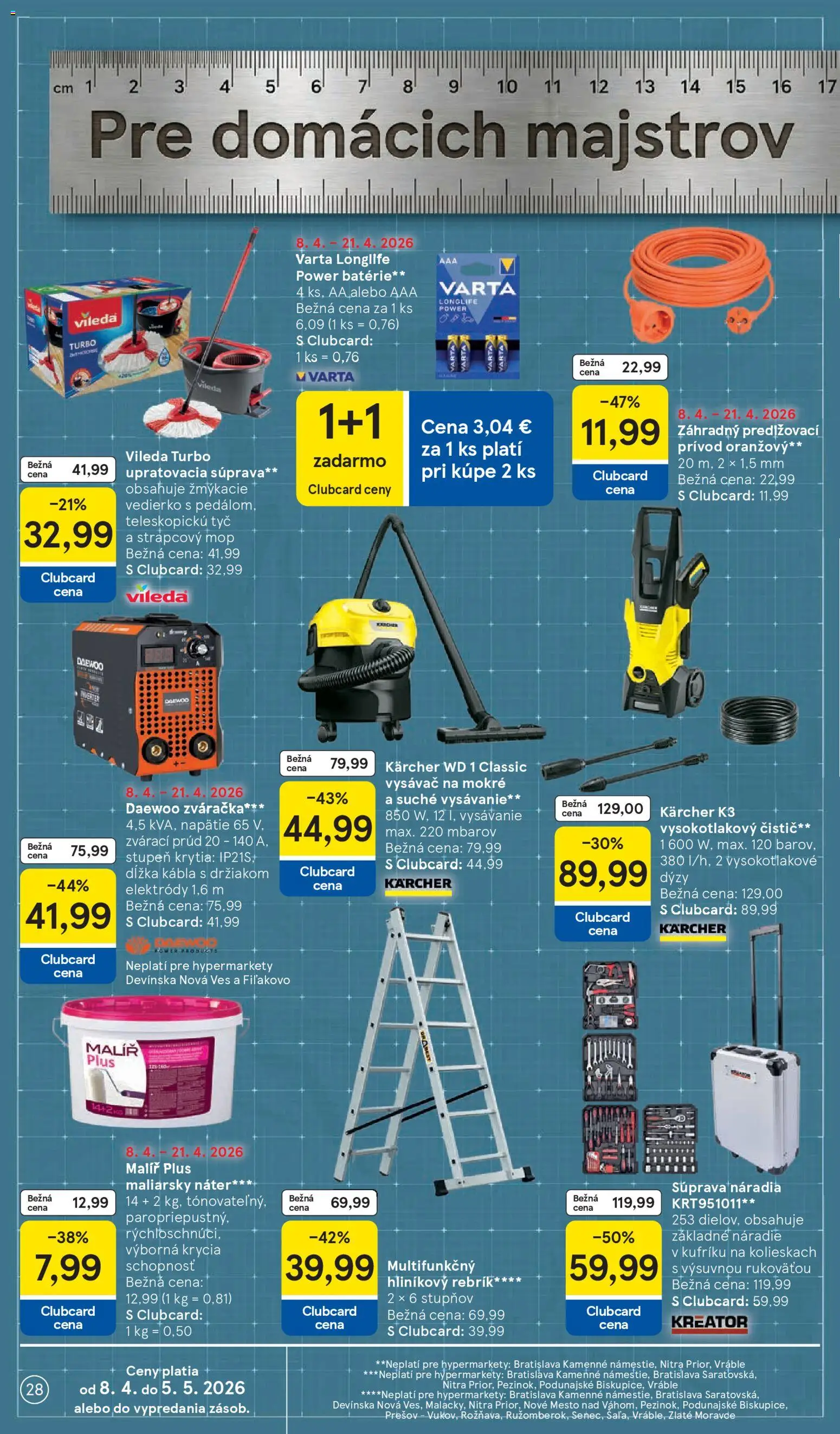 Náhľad Tesco letáku platného od 08.04.2026 - Vysávač, Mop, Náradie, Kärcher, Batérie, Rebrík, Zváračka