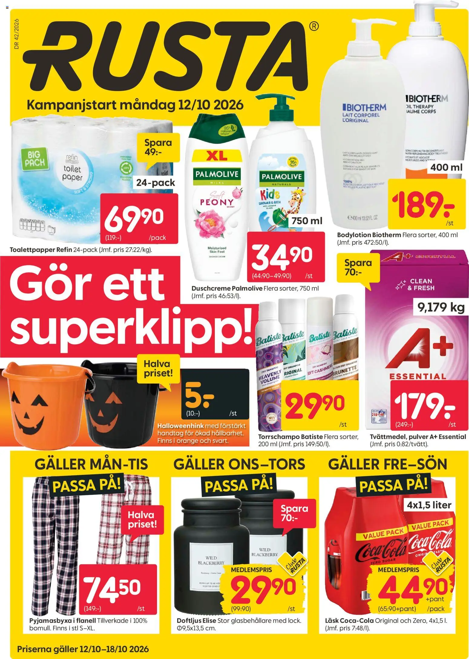 Förhandsgranska reklamblad Rusta erbjudanden från butik Rusta gäller från 12/10/2026 - Coca cola, Doftljus, Torrschampo, Toalettpapper, Galler, Body lotion, Bodylotion