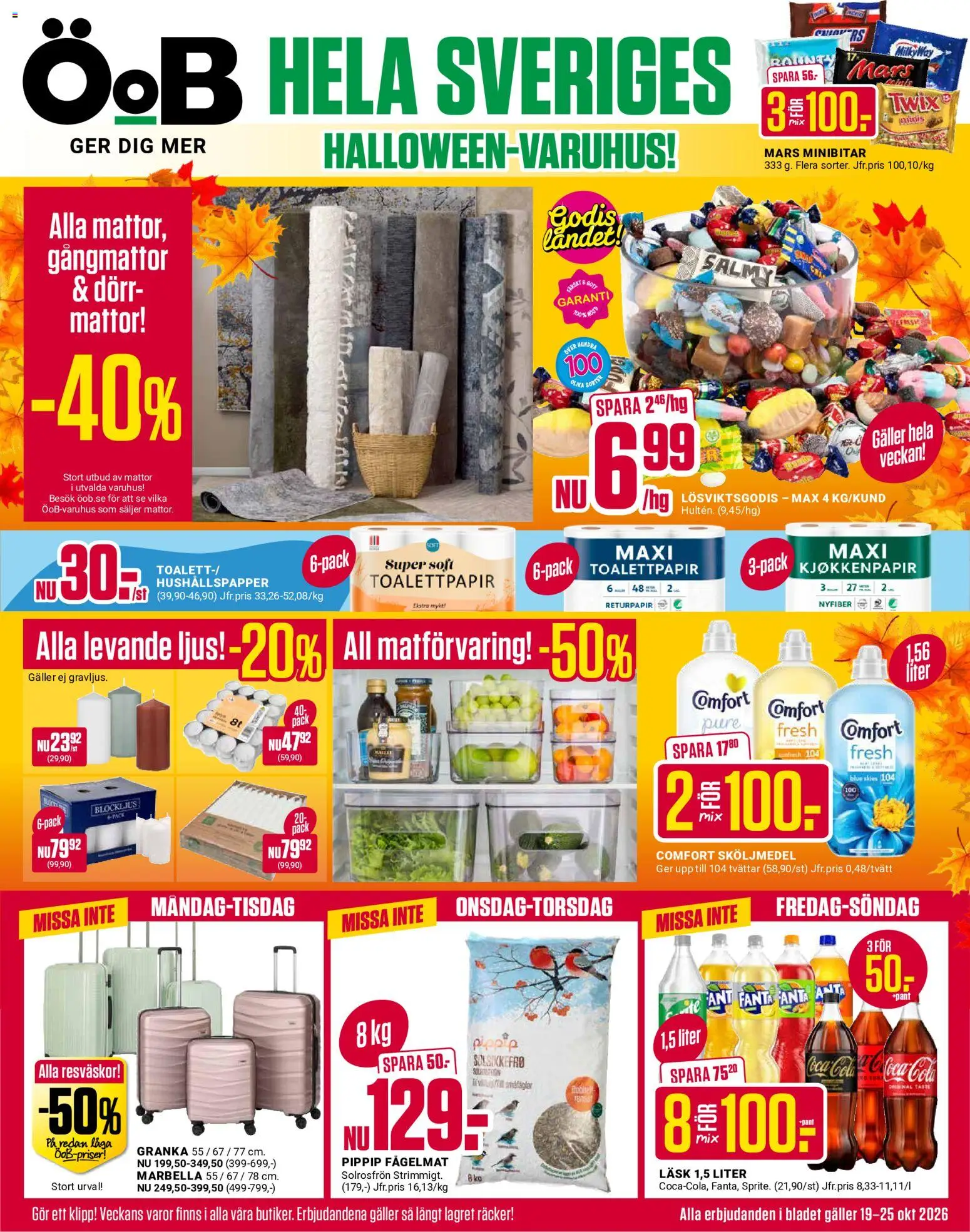 Förhandsgranska reklamblad ÖoB erbjudanden från butik ÖoB gäller från 19/10/2026 - Ljus, Solrosfrön, Sköljmedel, Galler, Fanta, Fågelmat, Hushållspapper, Puré