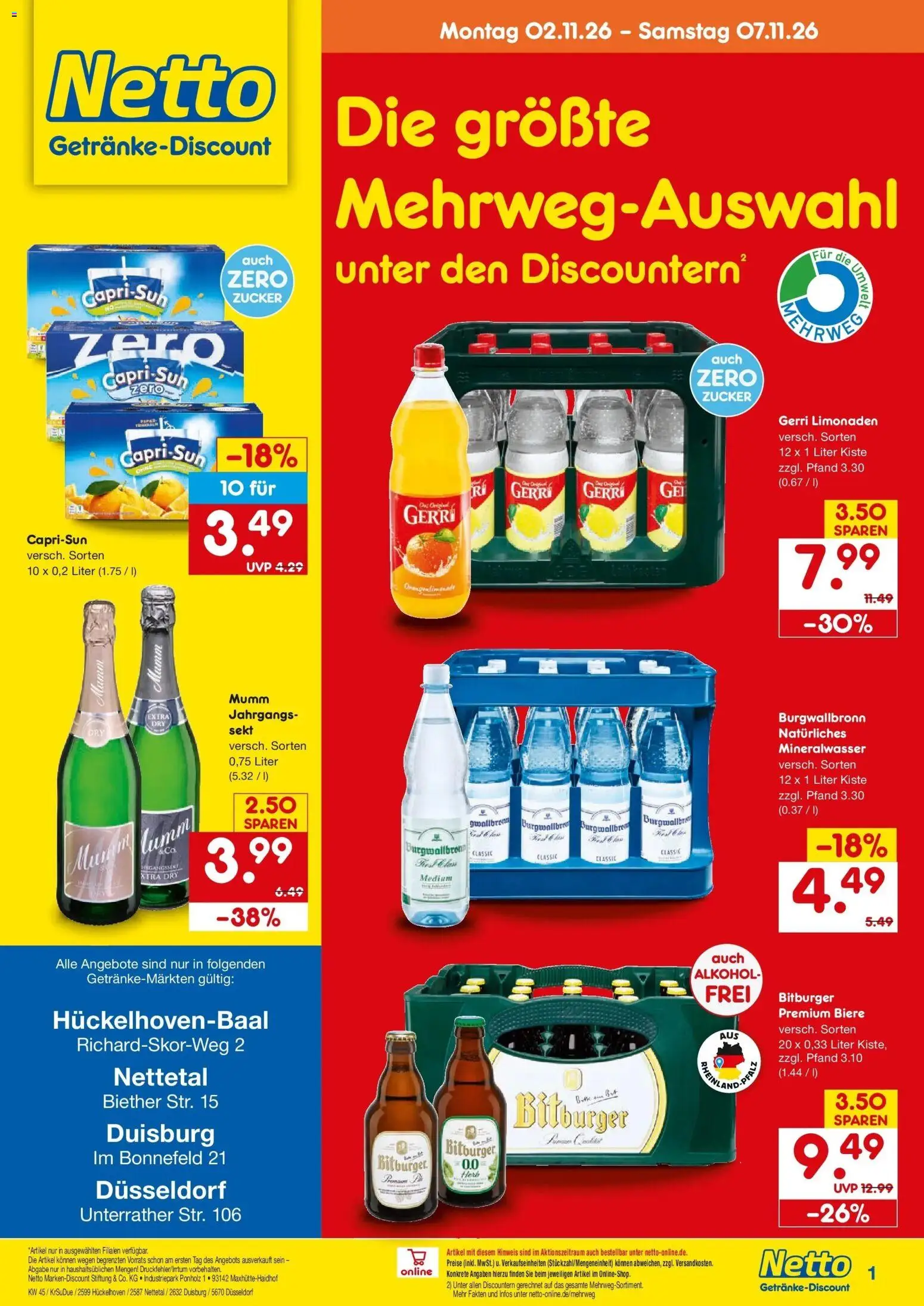 Vorschau von dem Prospekt des Geschäftes Netto Marken-Discount, gültig ab dem 02.11.2026 - Mineralwasser, Alkohol, Zucker, Sekt, Bitburger