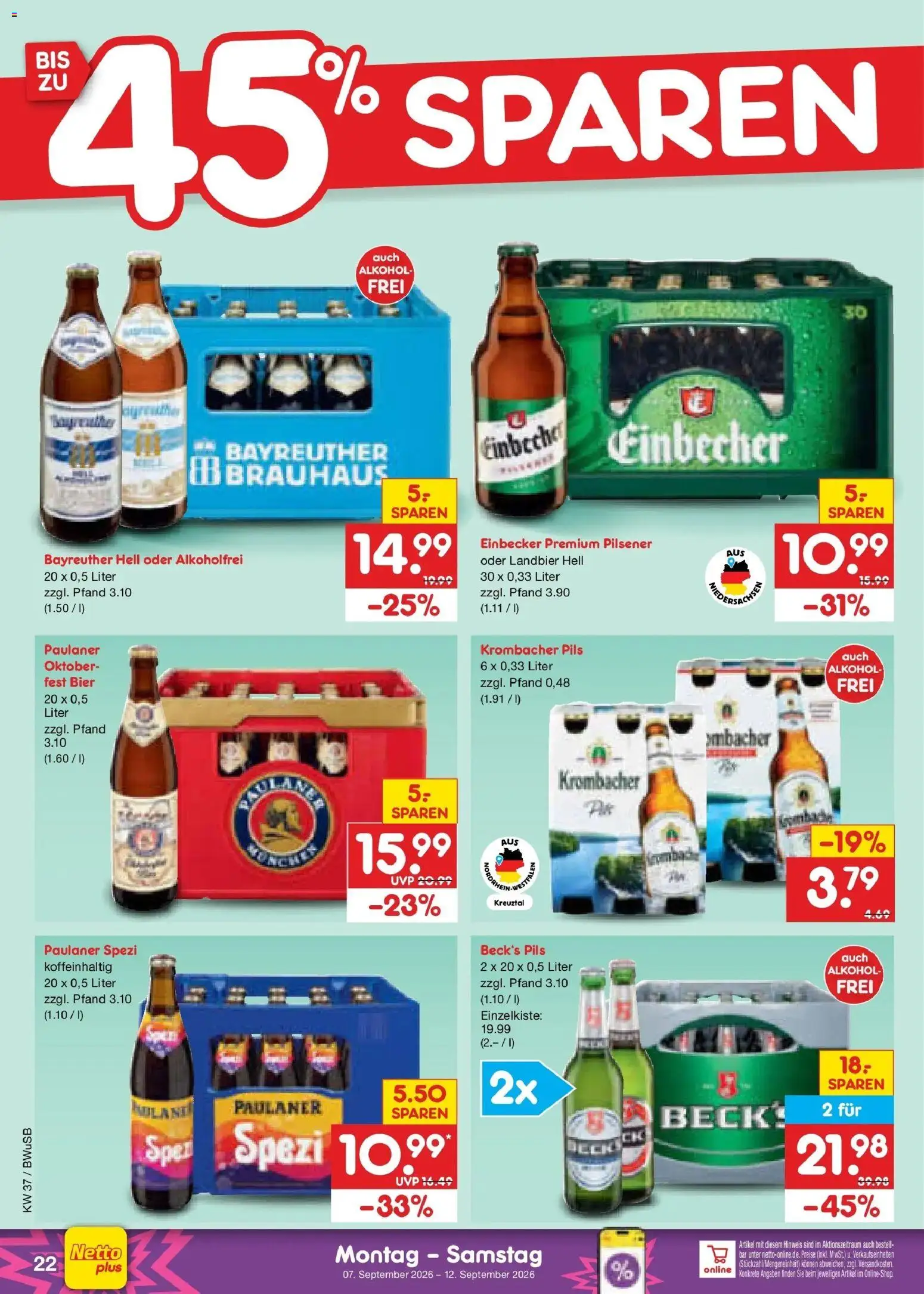 Vorschau von dem Prospekt des Geschäftes Netto Marken-Discount, gültig ab dem 07.09.2026 - Bier, Alkohol, Krombacher, Paulaner spezi, Paulaner, Bayreuther hell, Pils