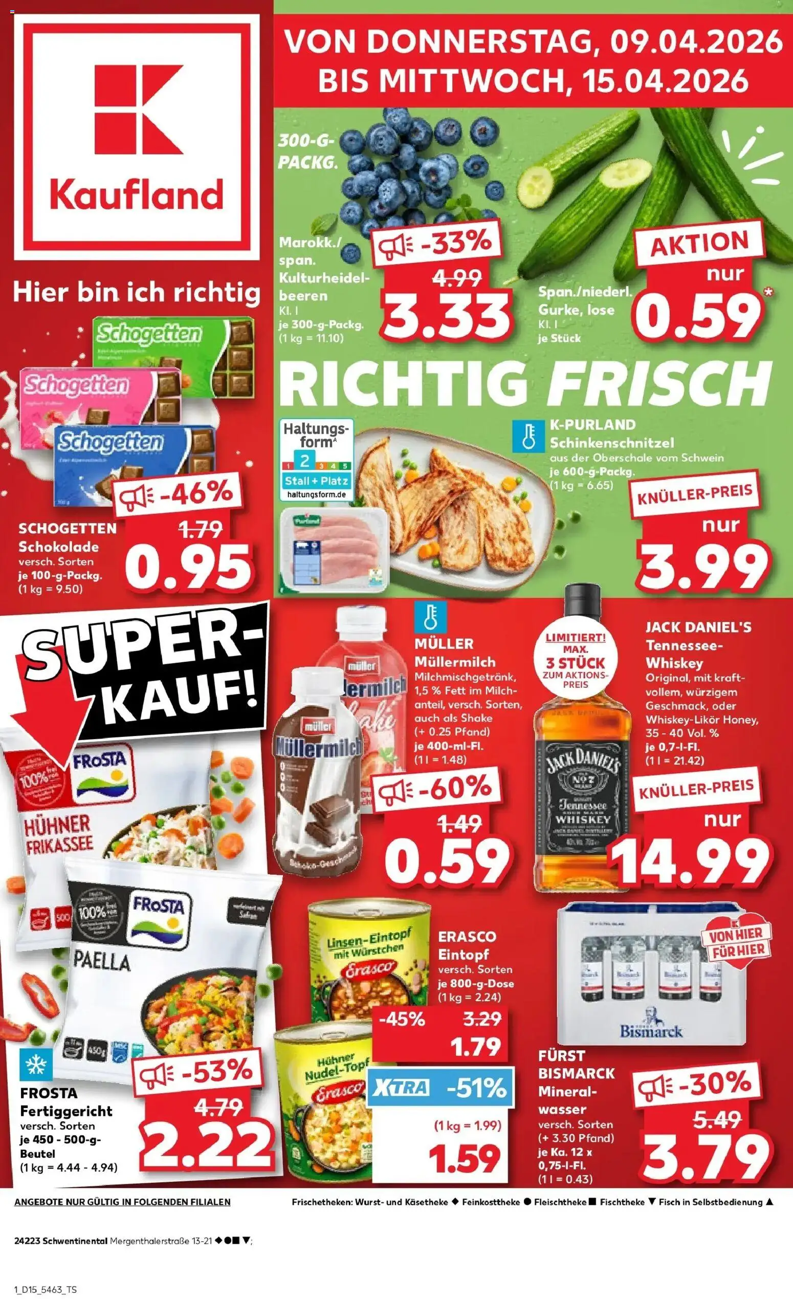 Vorschau von dem Prospekt des Geschäftes Kaufland, gültig ab dem 08.04.2026 - Schokolade, Fisch, Mineralwasser, Milch, Frosta, Müllermilch, Schogetten, Erasco