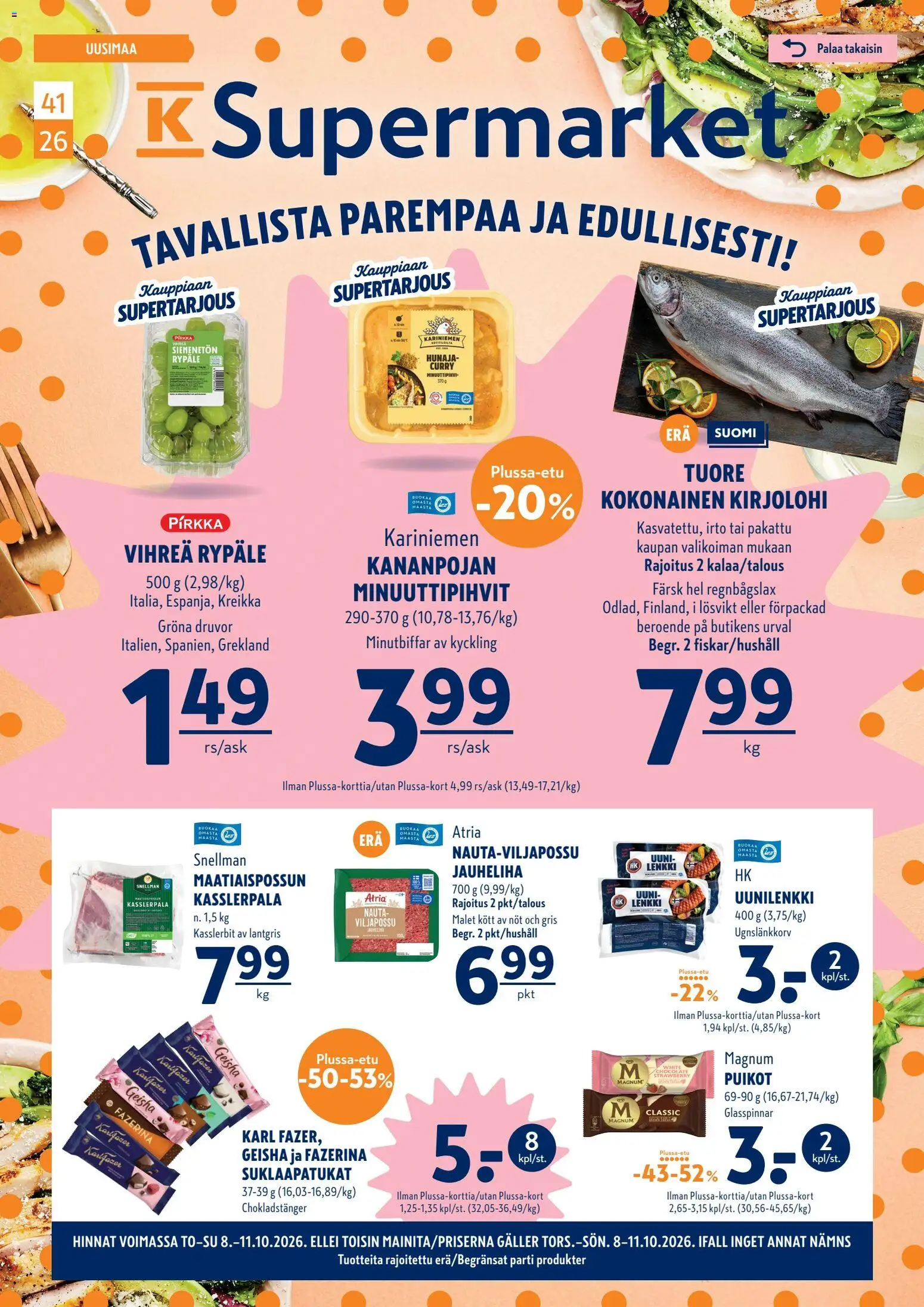 Kaupan K-Supermarket K-Supermarket tarjoukset esikatselu, voimassa 08/10/2026 - Jauheliha, Uuni, Kirjolohi, Curry, Hunaja, Suklaapatukat, Kokonainen