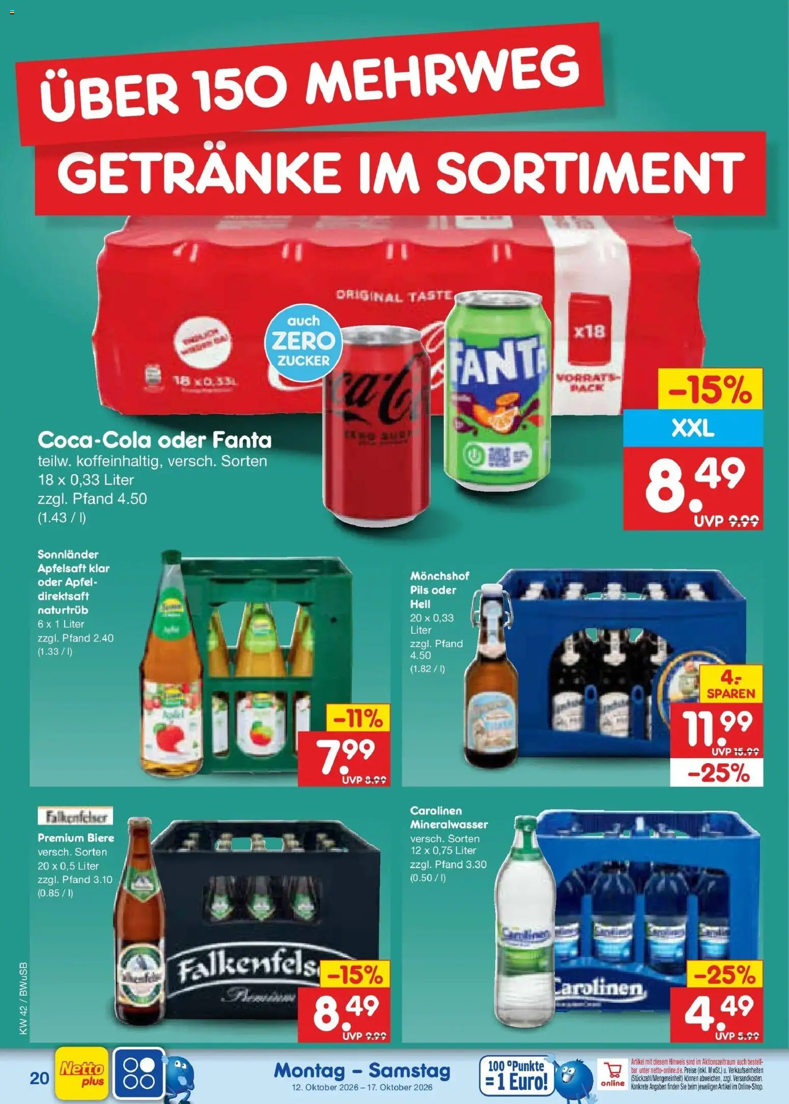 Vorschau von dem Prospekt des Geschäftes Netto Marken-Discount, gültig ab dem 12.10.2026 - Äpfel, Mineralwasser, Zucker, Fanta, Apfelsaft, Monchshof, Pils