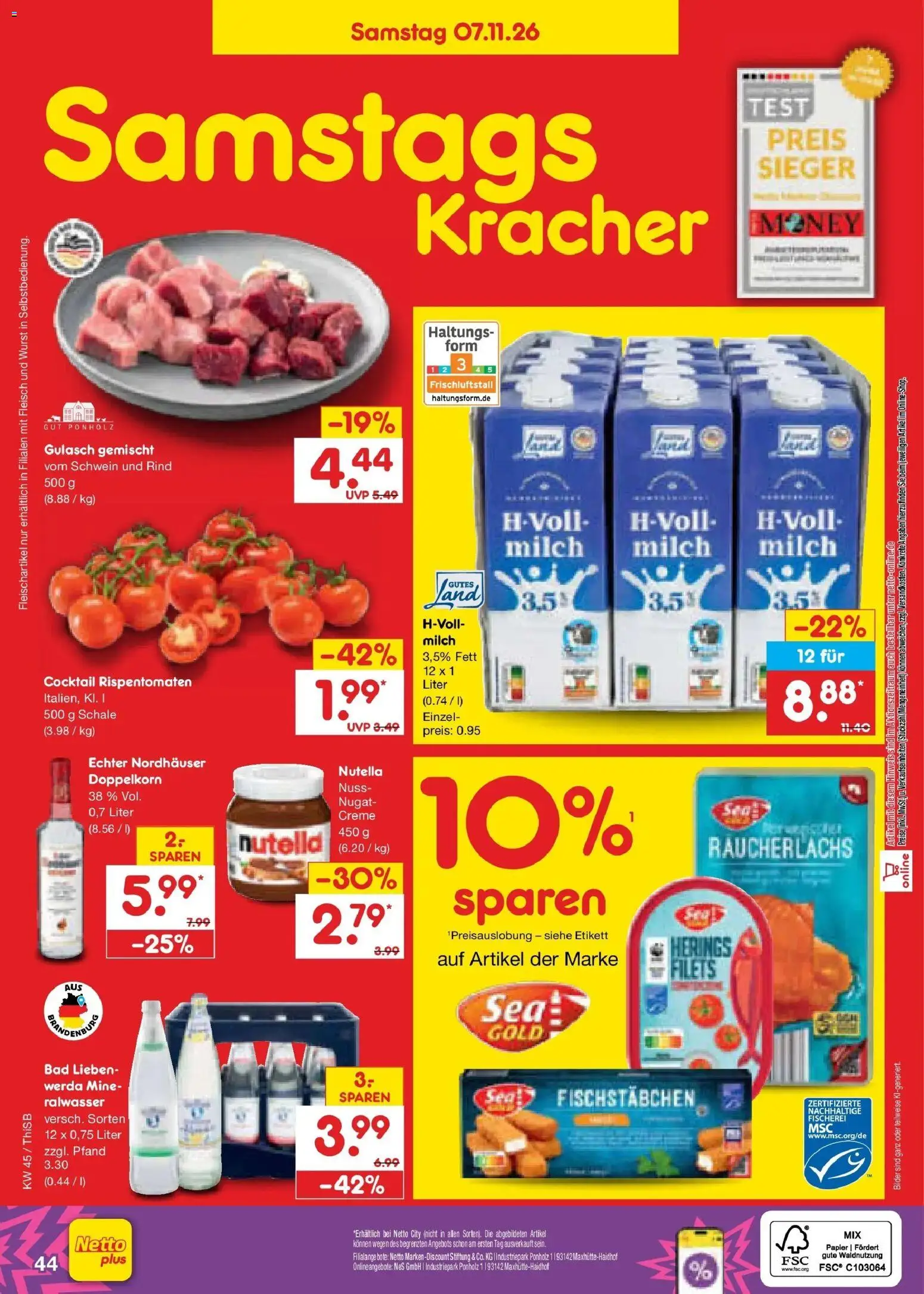 Vorschau von dem Prospekt des Geschäftes Netto Marken-Discount, gültig ab dem 02.11.2026 - Wurst, Bad, Nutella, Gulasch, Milch, Fleisch, Räucherlachs, Fischstabchen