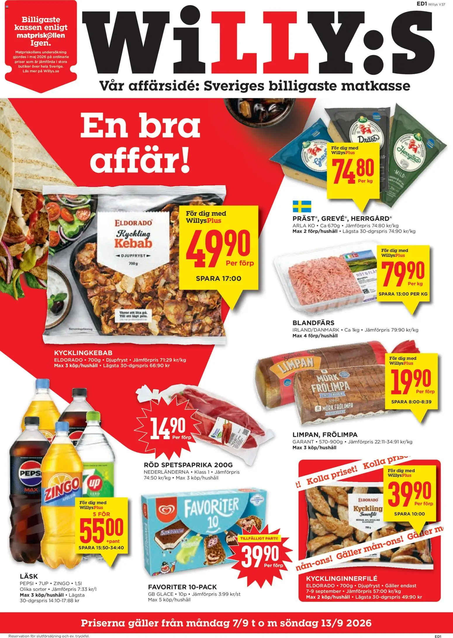 Förhandsgranska reklamblad Willys erbjudanden från butik Willys gäller från 07/09/2026 - Pepsi, Galler, Zingo, Blandfärs, 7up, Kyckling