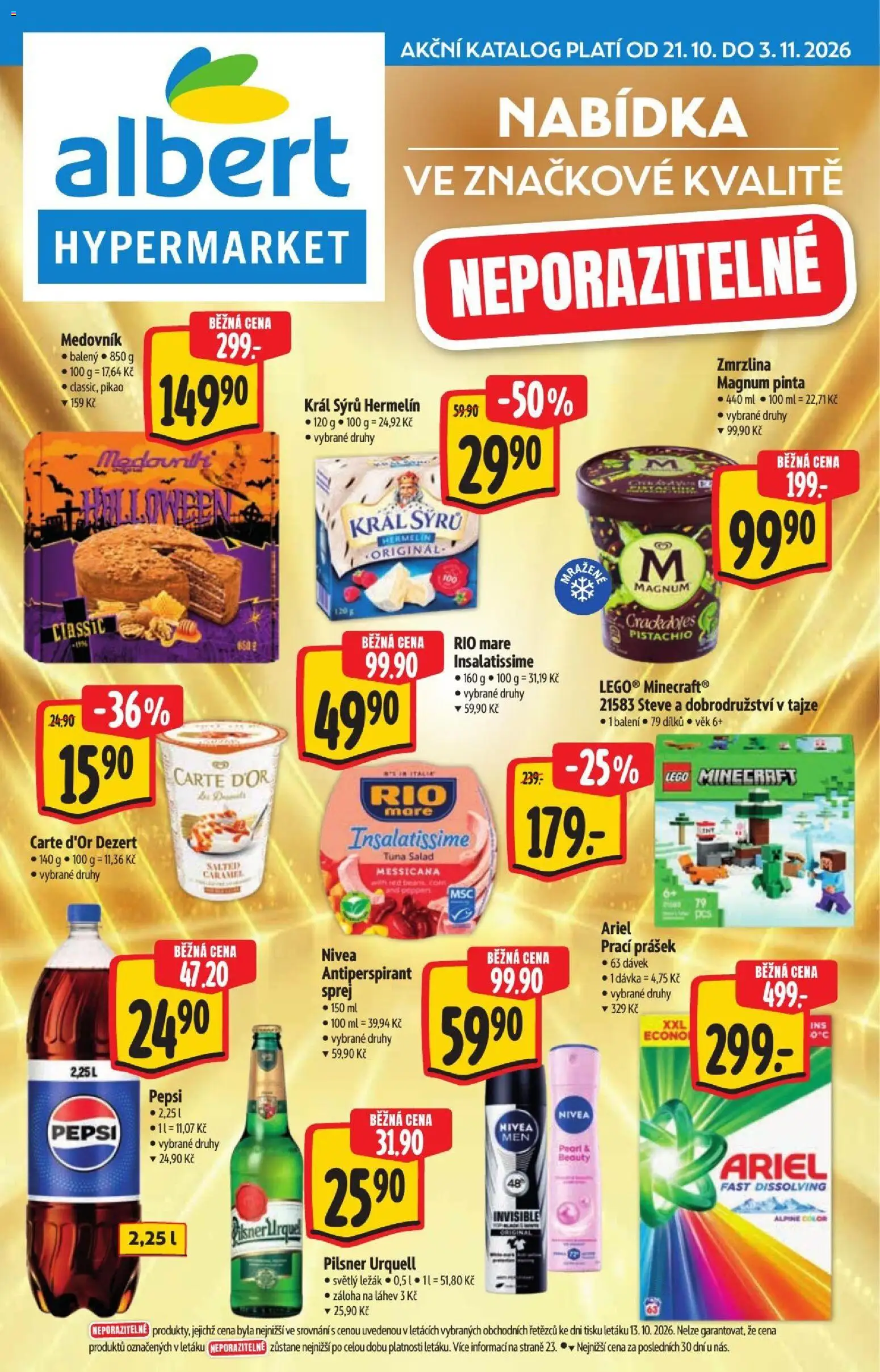Náhled nabídky: Albert Albert leták - Hypermarket - Nabídka ve značkové kvalitě platný od 21.10.2026 - LEGO, Medovník, Ariel, Magnum, Pepsi, Prací Prášek, Rio mare, Carte d'or