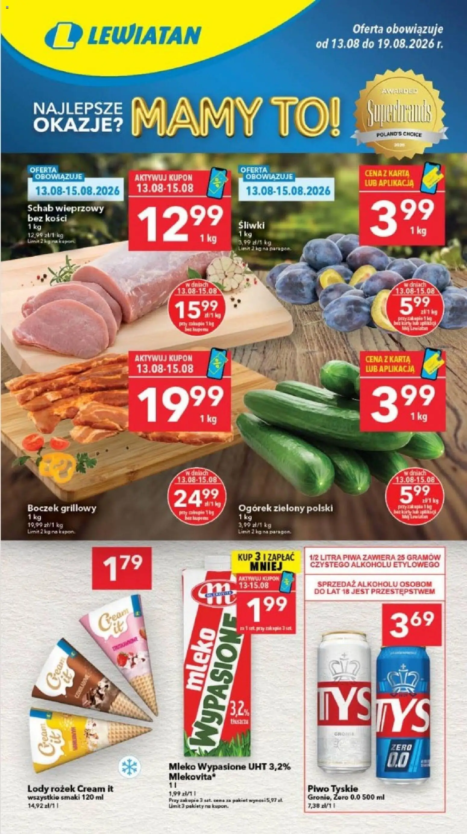 Pogląd gazetki "Lewiatan gazetka - Szczecin" ze sklepu Lewiatan ważnej od 13.08.2026 - Lody, Mleko, Schab, Boczek, Tyskie, Piwo tyskie, Schab wieprzowy, Mleko wypasione