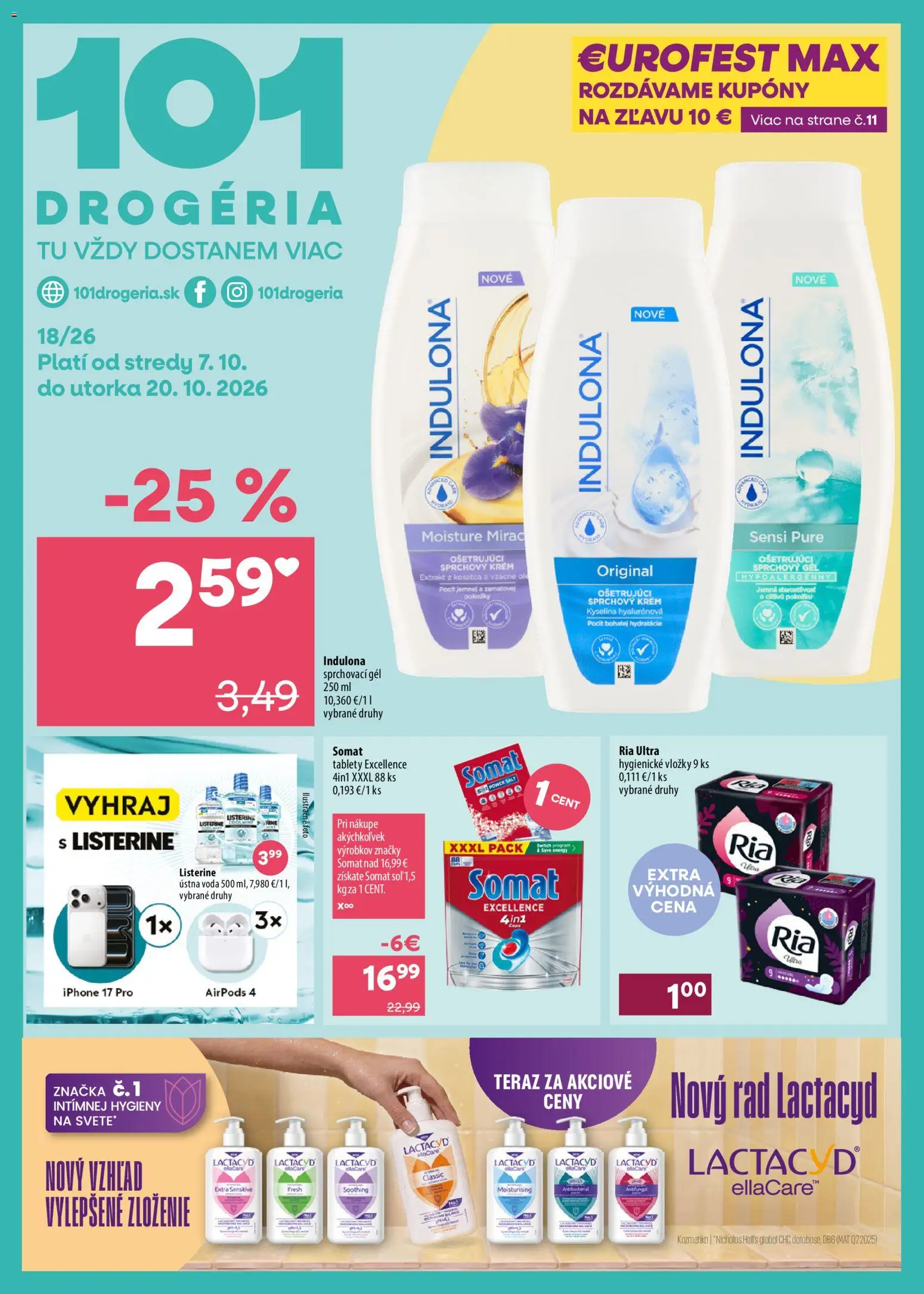 Náhľad 101 drogerie letáku platného od 07.10.2026 - Iphone, Airpods, Voda, Listerine, Lactacyd, Krém, Sprchový gél, Ústna voda