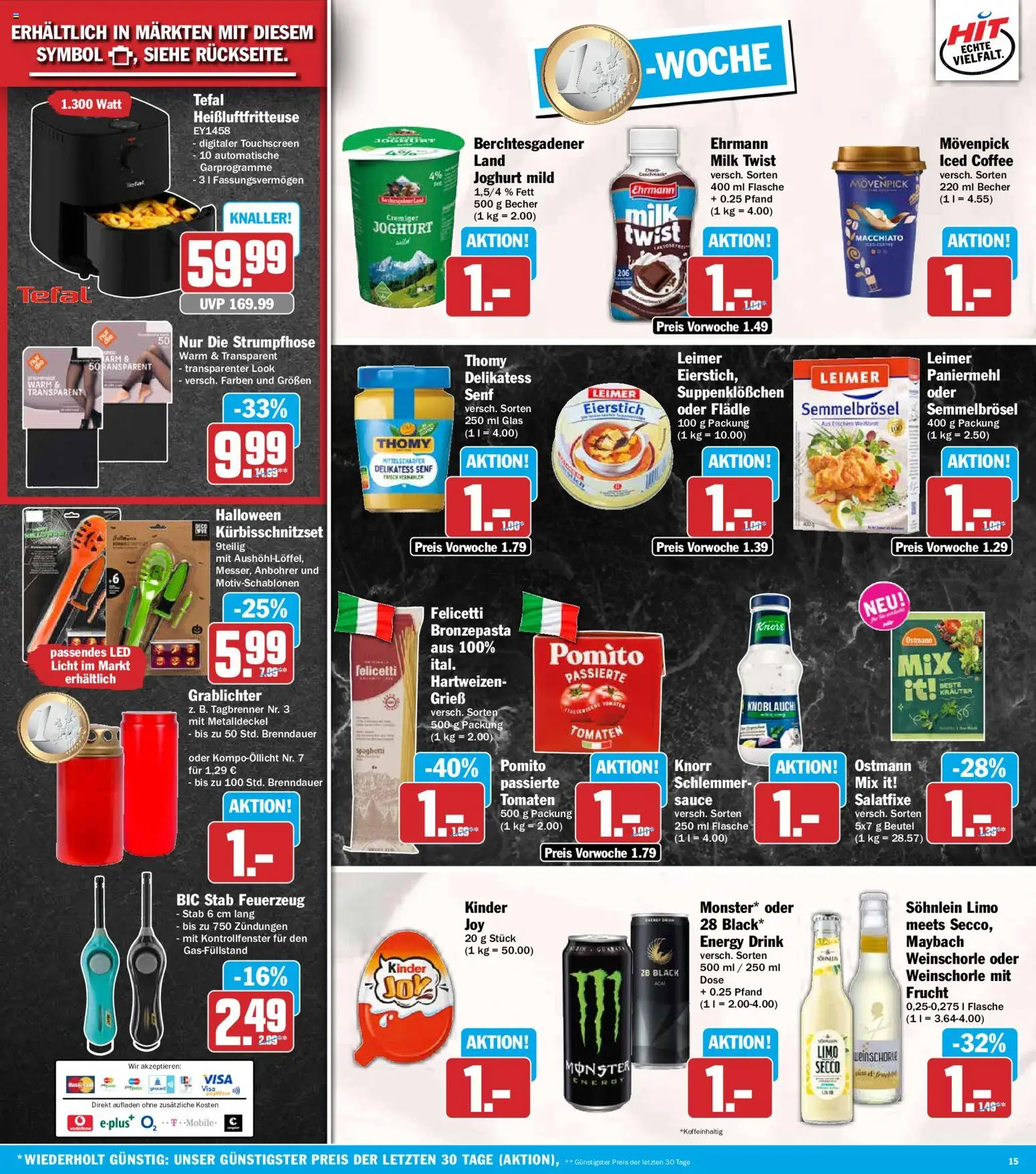 Vorschau von dem Prospekt des Geschäftes HIT, gültig ab dem 19.10.2026 - Heißluftfritteuse, Monster, Knoblauch, Strumpfhose, Energy, Tomaten, Grieß, Weinschorle