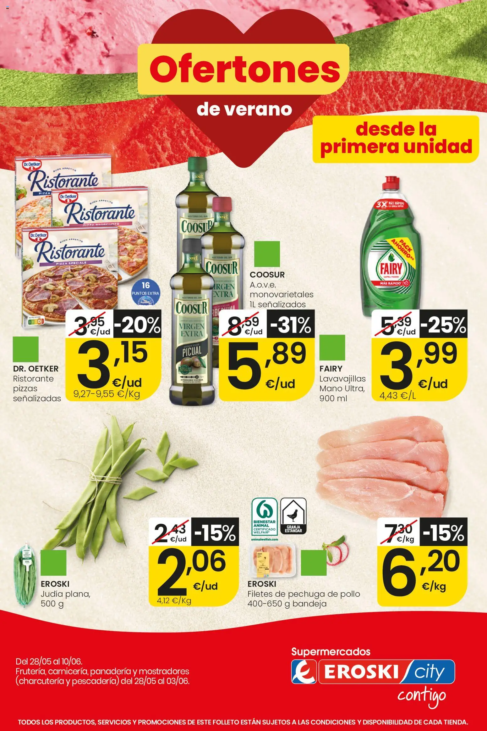 Vista previa del folleto de la tienda Eroski válido desde el 28/05/2026 - Pizza, Panadería, Lavavajillas, Bandeja, Filetes de pechuga de pollo, Filetes de pechuga, Pollo