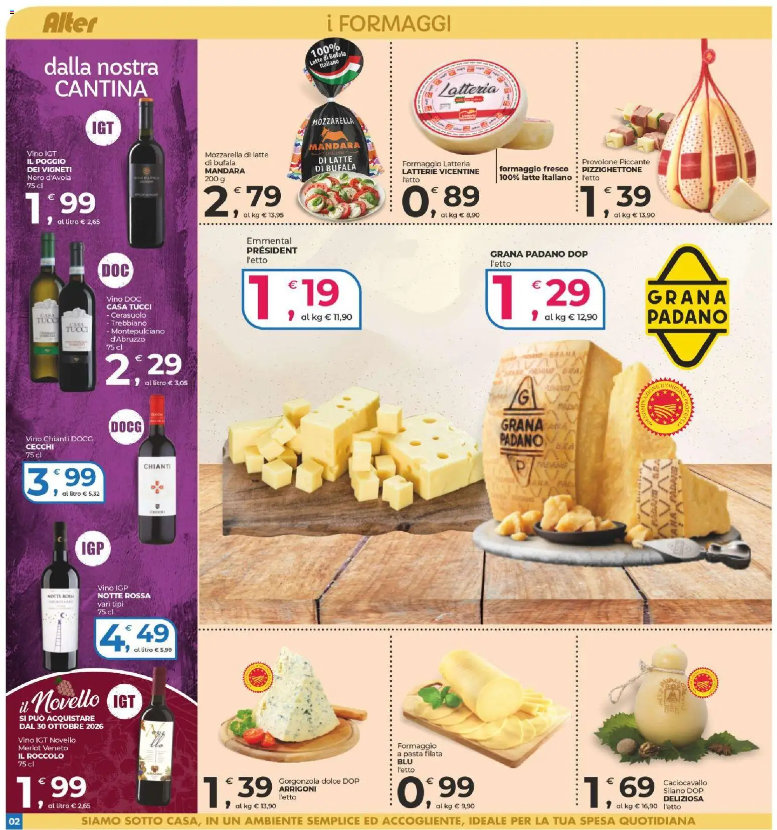 Anteprima dell'opuscolo Alter Discount volantino dal negozio Alter Discount valido da 29/10/2026 - Pasta, Vino, Mozzarella, Grana Padano, Emmental, Provolone, Vino Chianti, Formaggio fresco