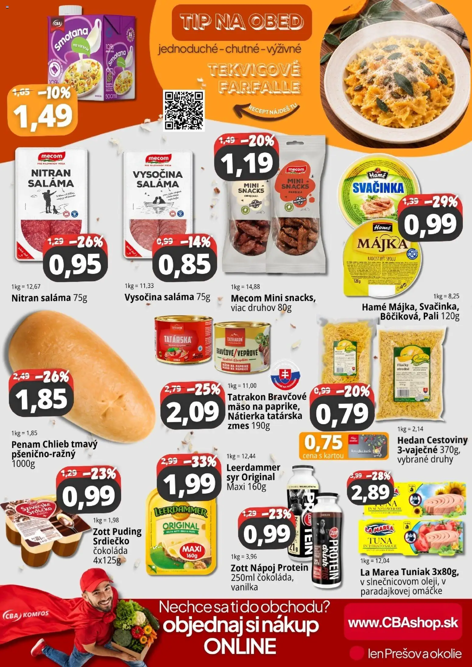 Náhľad CBA Komfos letáku platného od 30.10.2026 - Mäso, Protein, Cestoviny, Syr, Čokoláda, Puding, Nátierka, Saláma