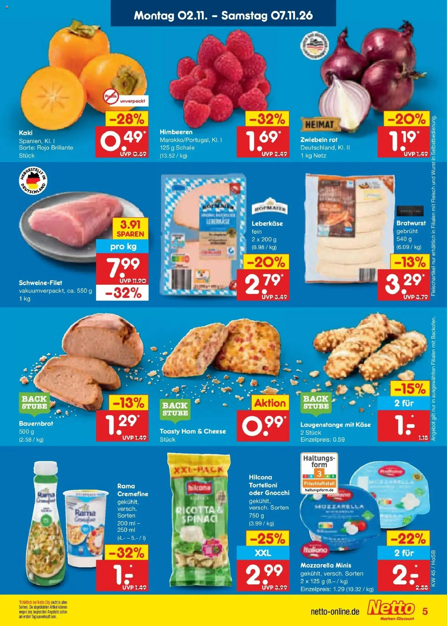 Vorschau von dem Prospekt des Geschäftes Netto Marken-Discount, gültig ab dem 02.11.2026 - Käse, Gnocchi, Wurst, Bratwurst, Mozzarella, Schweinefilet, Rama, Zwiebeln