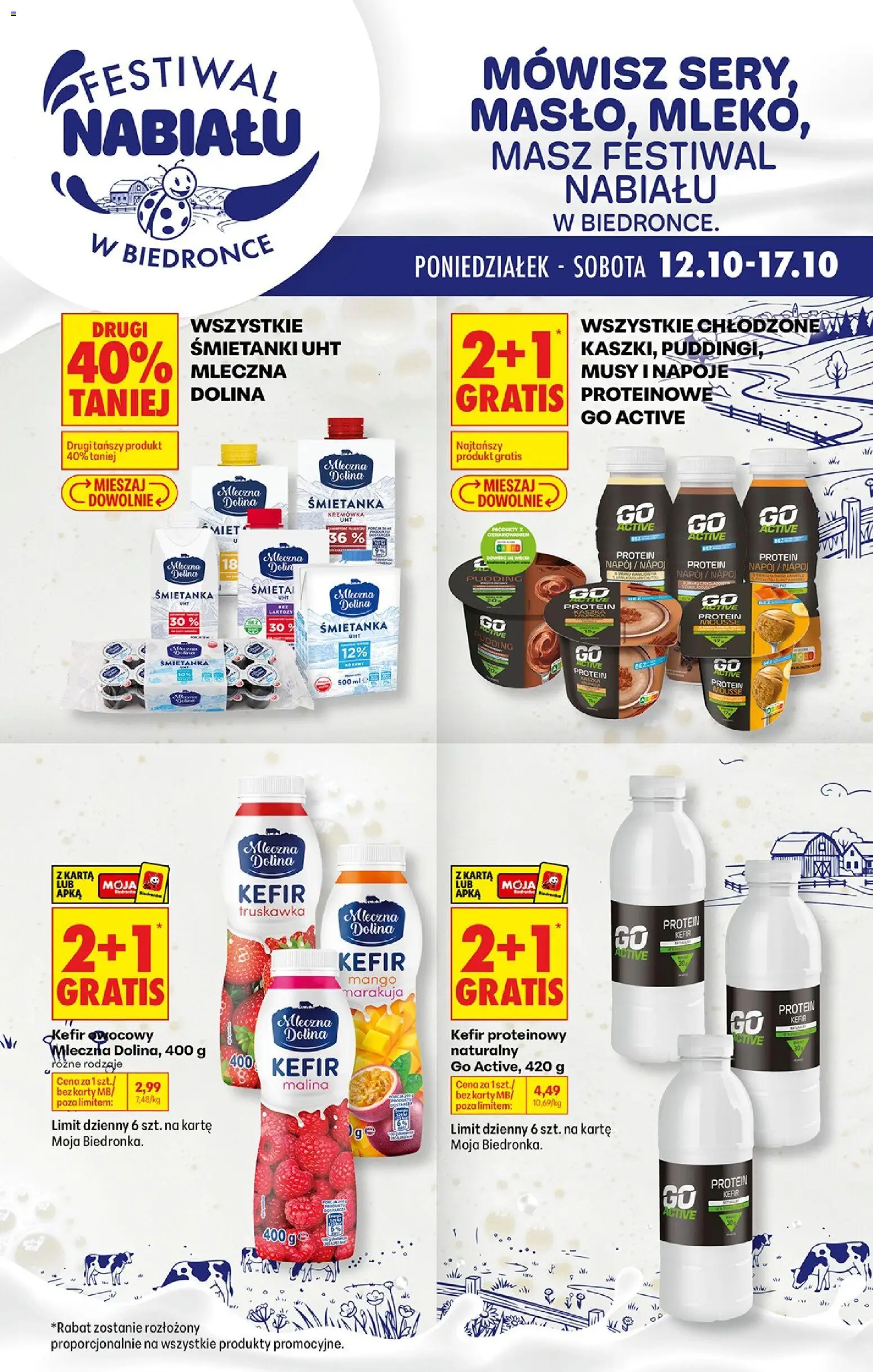 Pogląd gazetki "Biedronka gazetka - Festiwal nabiału" ze sklepu Biedronka ważnej od 13.10.2026 - Mango, Marakuja, Malina, Kremówka, Napoje, Kefir naturalny, Napoje proteinowe, Protein pudding
