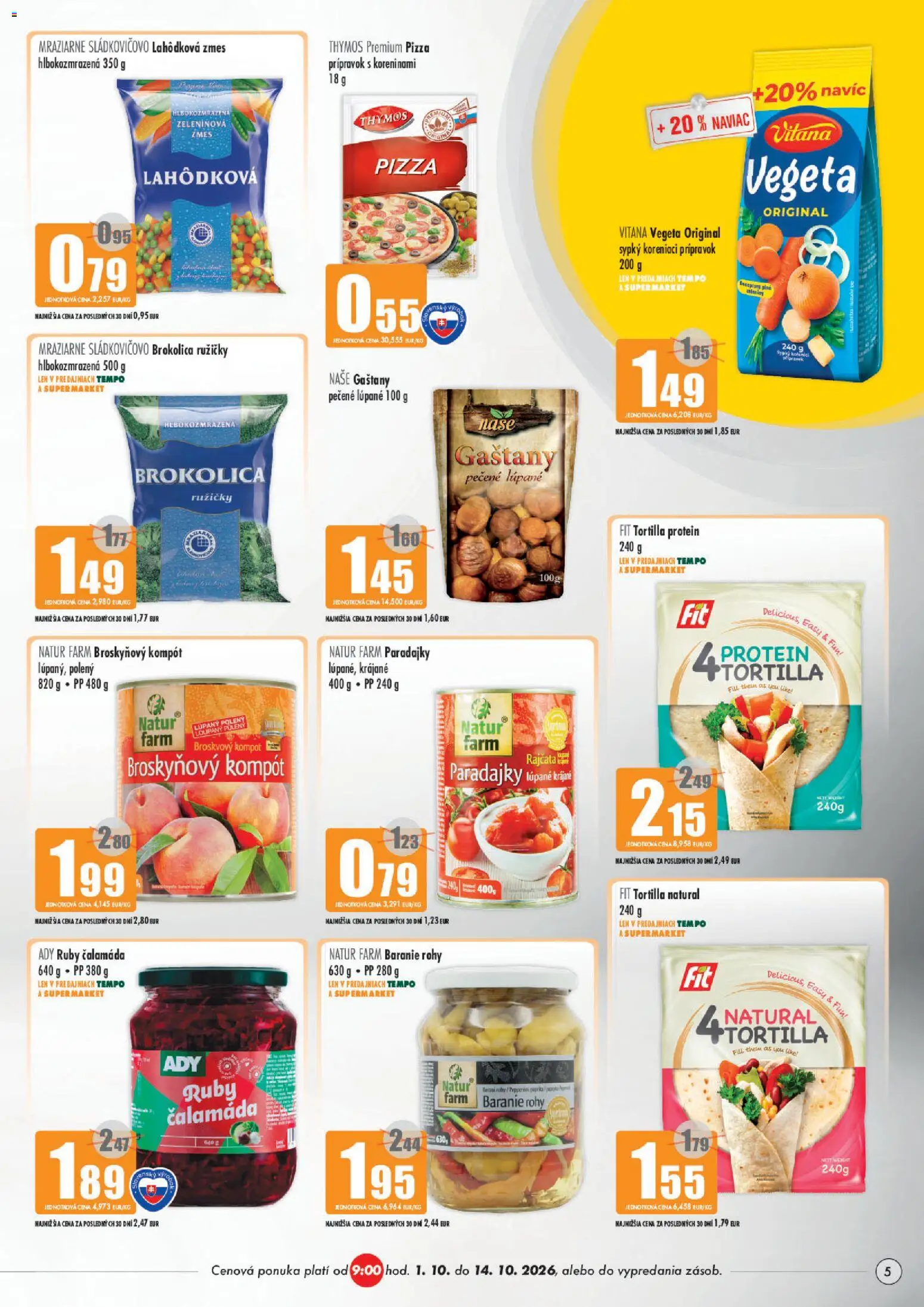 Náhľad COOP Jednota letáku platného od 01.10.2026 - Pizza, Protein, Tortilla, Paradajky, Brokolica, Gaštany, Broskyňový kompót