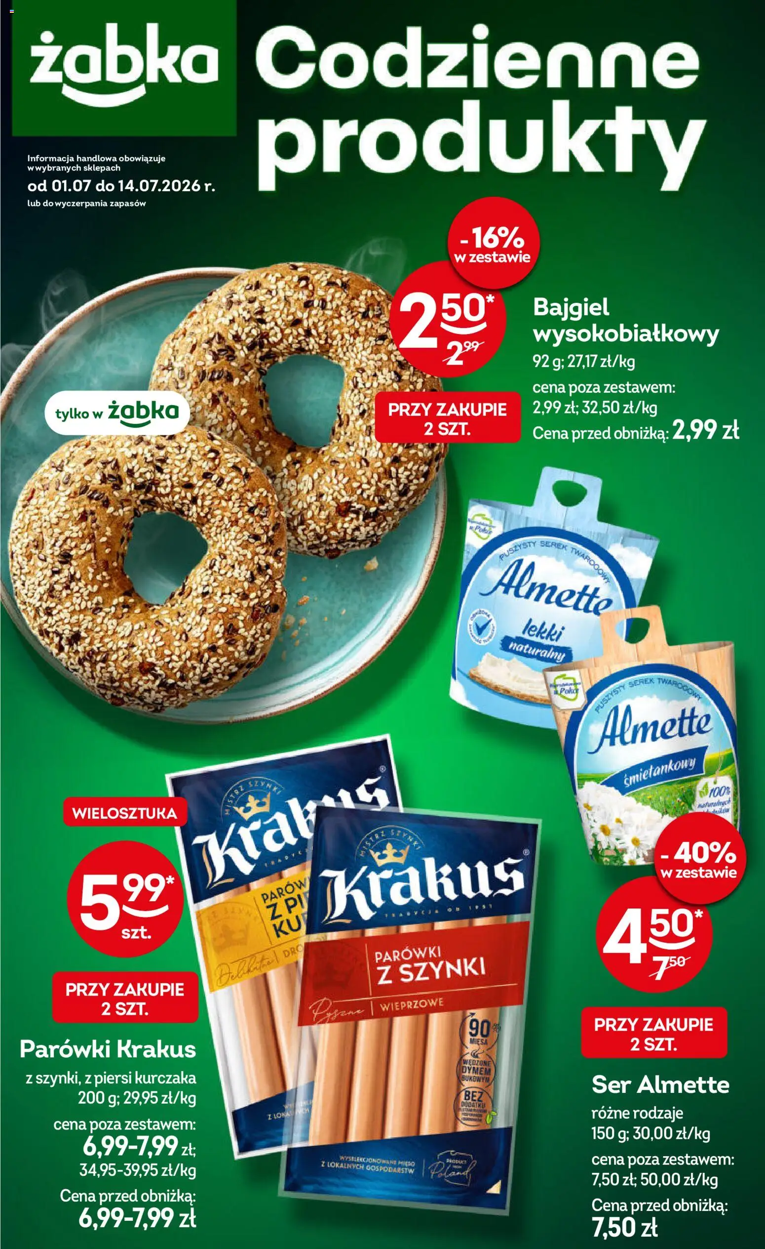 Pogląd gazetki "Żabka gazetka - Codzienne produkty" ze sklepu Żabka ważnej od 01.07.2026 - Mięso, Ser, Piersi, Almette, Parówki, Serek, Parówki z szynki