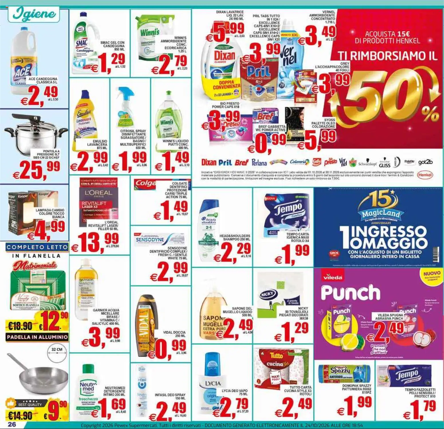 Anteprima dell'opuscolo Pewex volantino Ultramercato Irnerio dal negozio Pewex valido da 23/10/2026 - WC, Letto, Pentola a pressione, Candeggina, Sapone, Dentifricio, Fazzoletti, Spray disinfettante