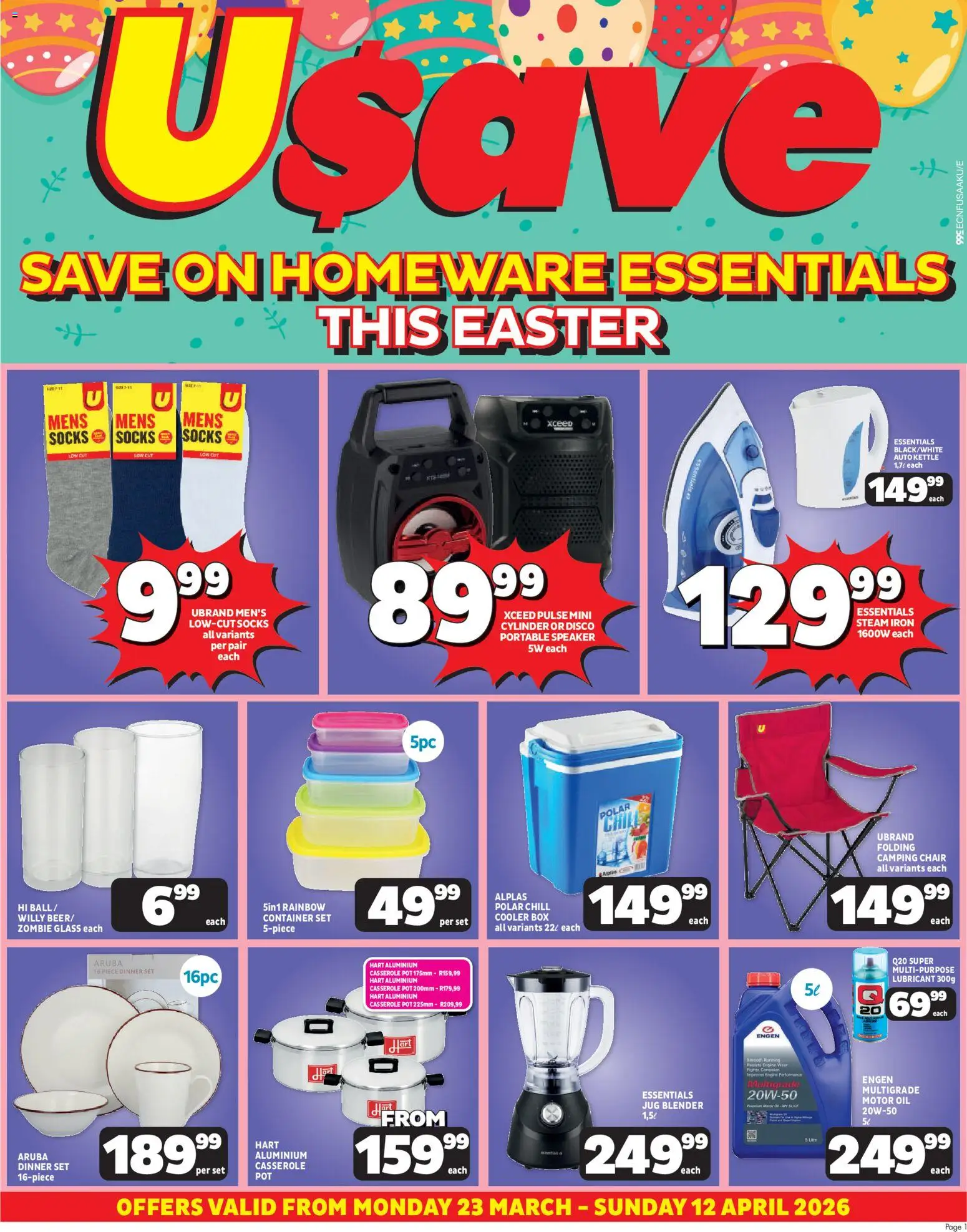 Preview of Usave flyer valid from 23/03/2026 - Blender, Kettle, Iron, Speaker, Chair, Box, Socks, Cooler