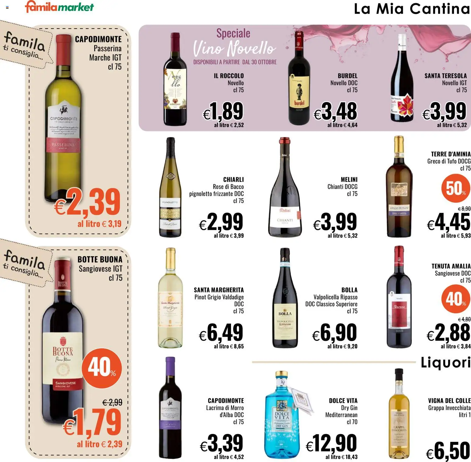 Anteprima dell'opuscolo Famila volantino Market dal negozio Famila valido da 29/10/2026 - Vino, Gin, Grappa
