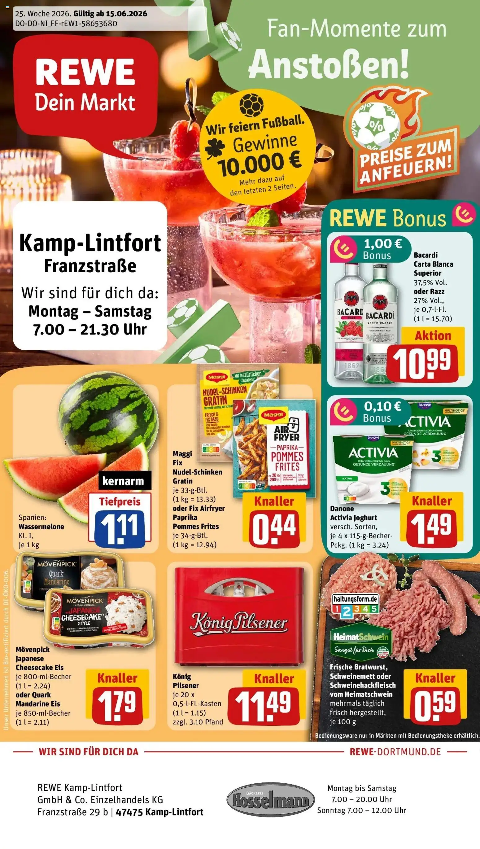 Vorschau von dem Prospekt des Geschäftes Rewe, gültig ab dem 14.06.2026 - Eis, Pommes, Maggi, Quark, Bacardi, Pommes frites, Konig pilsener, Danone activia