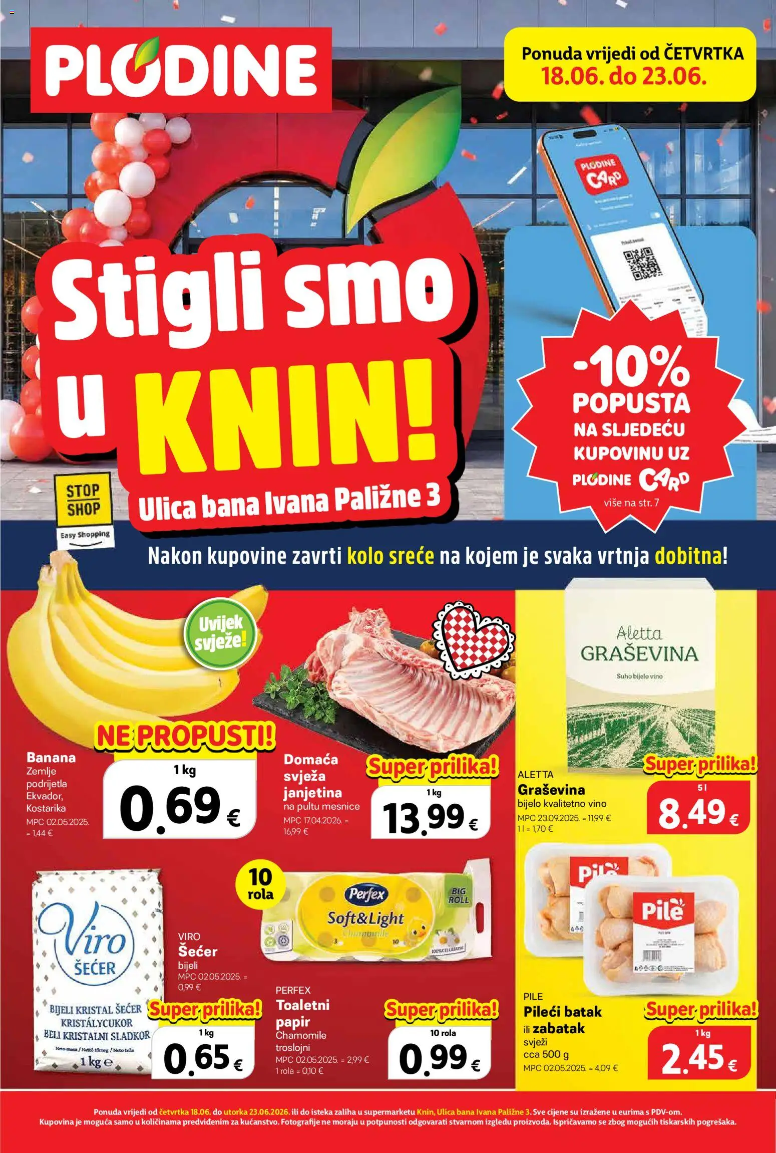 Pregled letka Plodine Ponuda trgovine Plodine vrijedi od 18.06.2026 - Vino, Janjetina, Šećer, Bijelo vino, Pileći batak