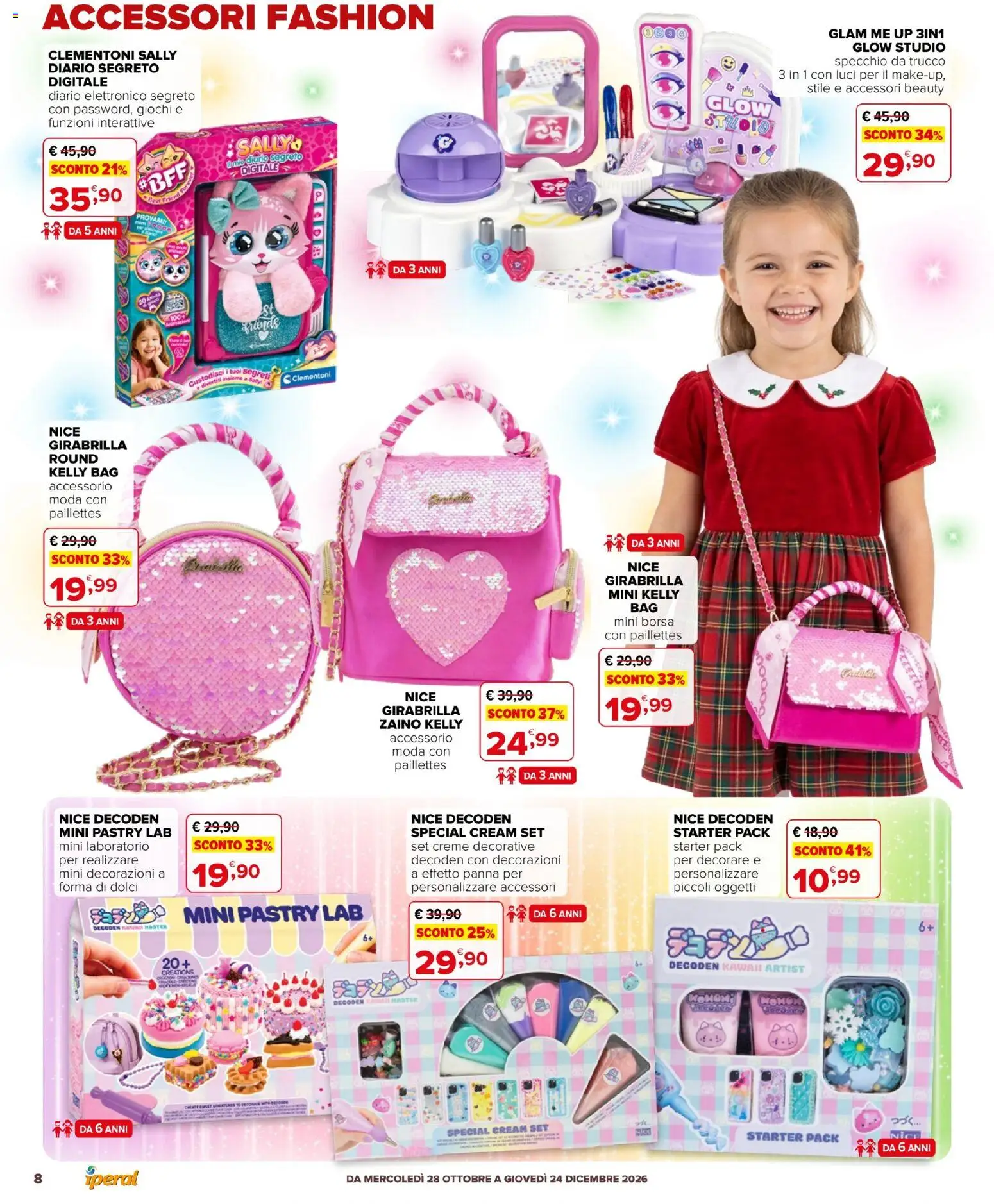 Anteprima dell'opuscolo Iperal volantino Giocattoli dal negozio Iperal valido da 28/10/2026 - Borsa, Dolci, Zaino, Specchio, Panna, Trucco, Decorazioni
