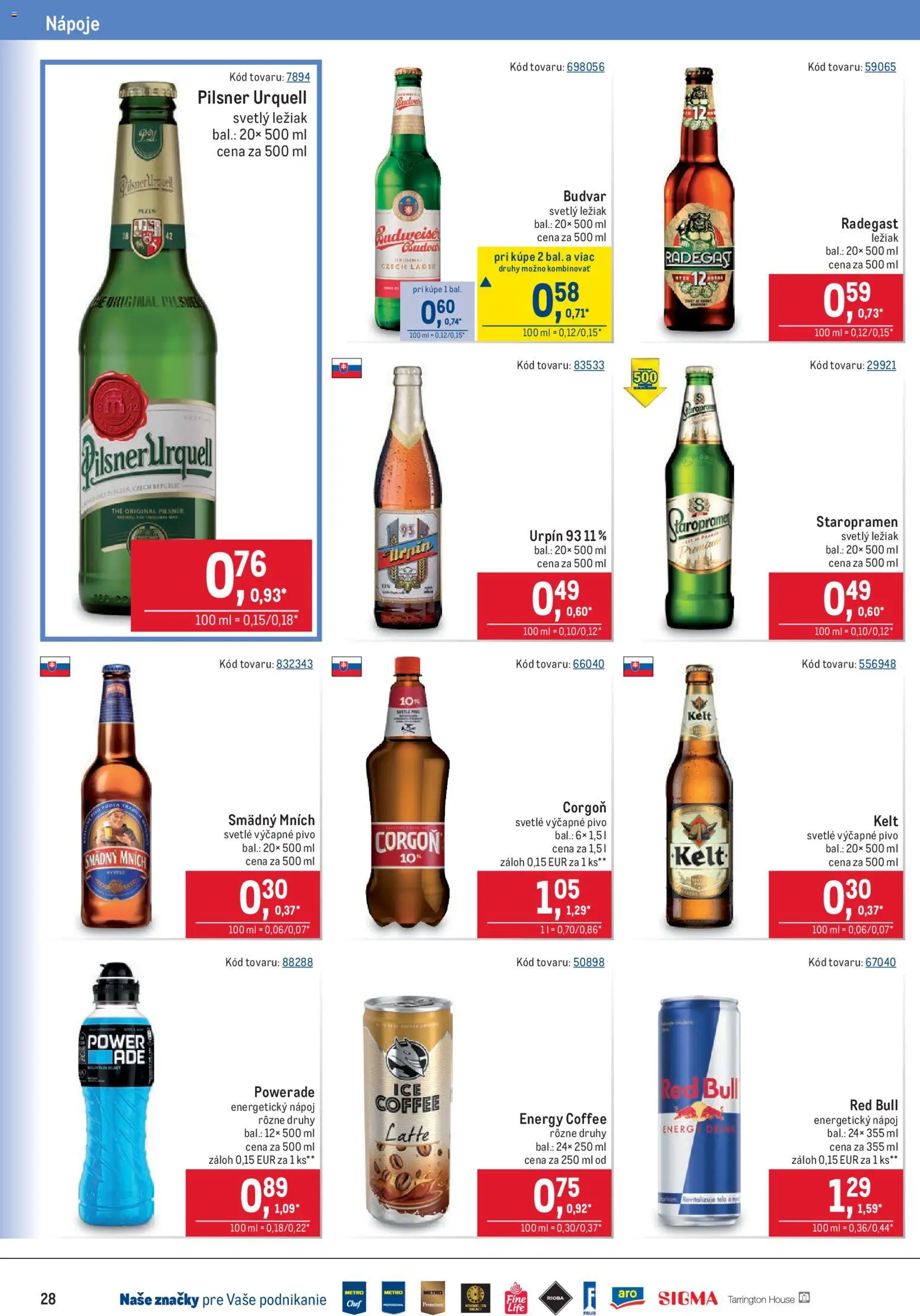 Náhľad Metro letáku platného od 07.10.2026 - Red Bull, Pilsner Urquell, Staropramen, Budvar, Kelt, Corgoň, Energetický nápoj, Nápoje