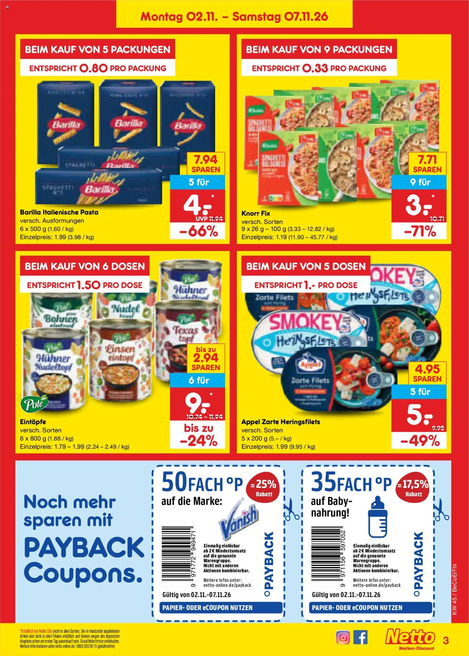 Vorschau von dem Prospekt des Geschäftes Netto Marken-Discount, gültig ab dem 02.11.2026 - Pasta, Hering, Barilla, Knorr, Knorr fix
